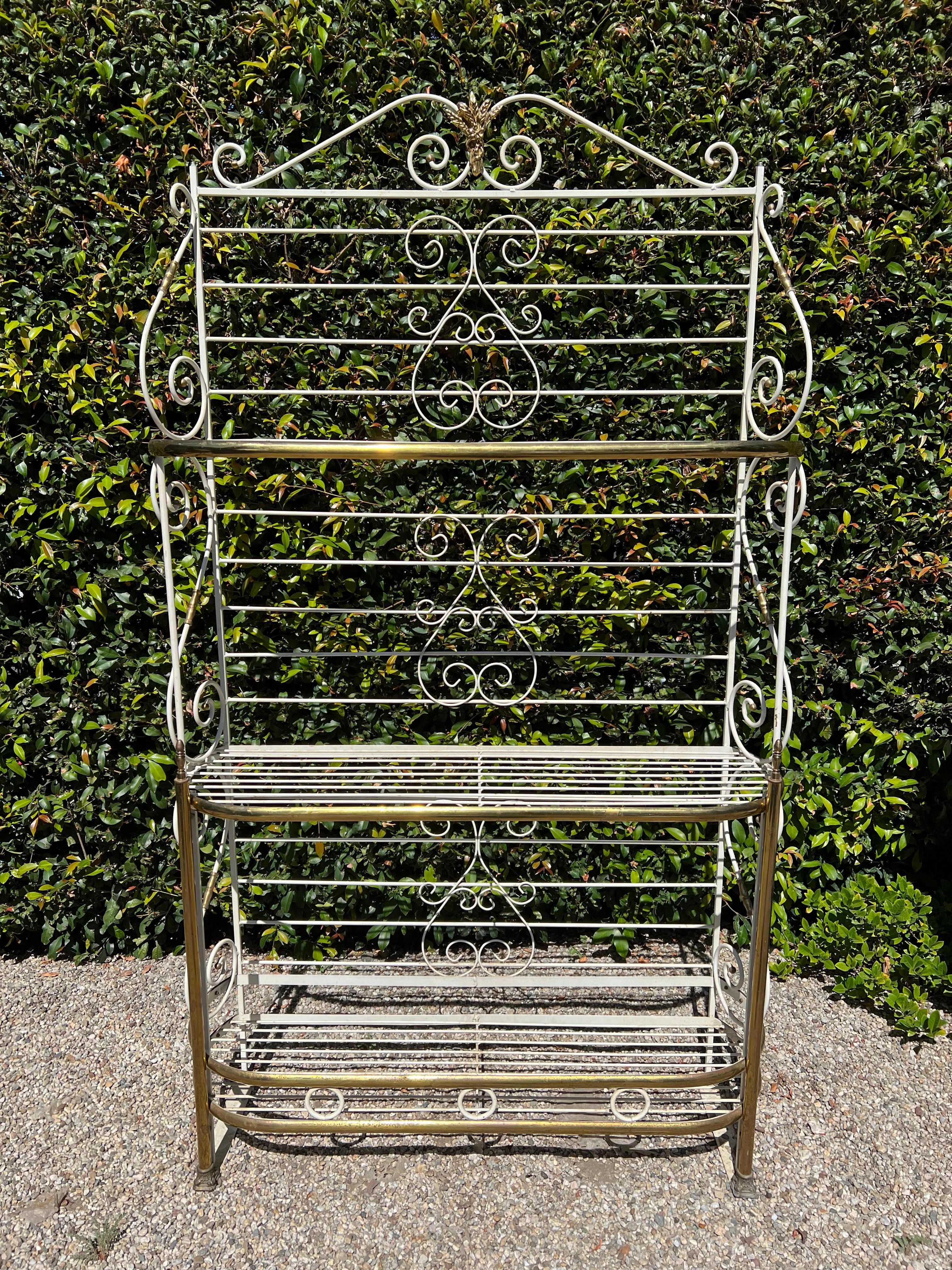 American Classical Three Shelf White Metal Bakers Rack with Brass Accents For Sale