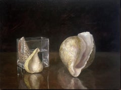 Three Shells - Still Life with Sea Shells and a Glass Vessel, Oil on Panel