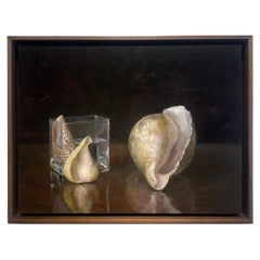 Tres conchas - Bodegón con conchas marinas y una vasija de cristal, Óleo sobre tabla