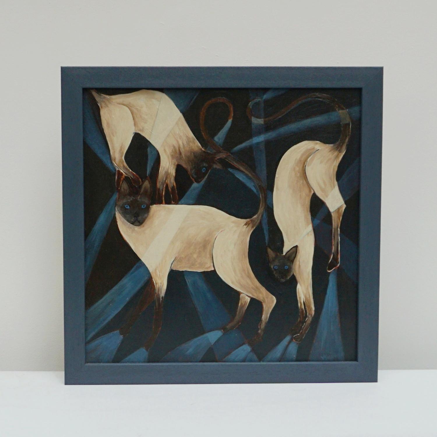 'Three Siamese Cats' An Art Deco style contemporary painting by Vera Jefferson depicting Siamese cats stretching amongst a stylised background. Signed V Jefferson to lower right. 

Dimensions: H 45cm W 45cm D 2cm

Vera Jefferson trained at