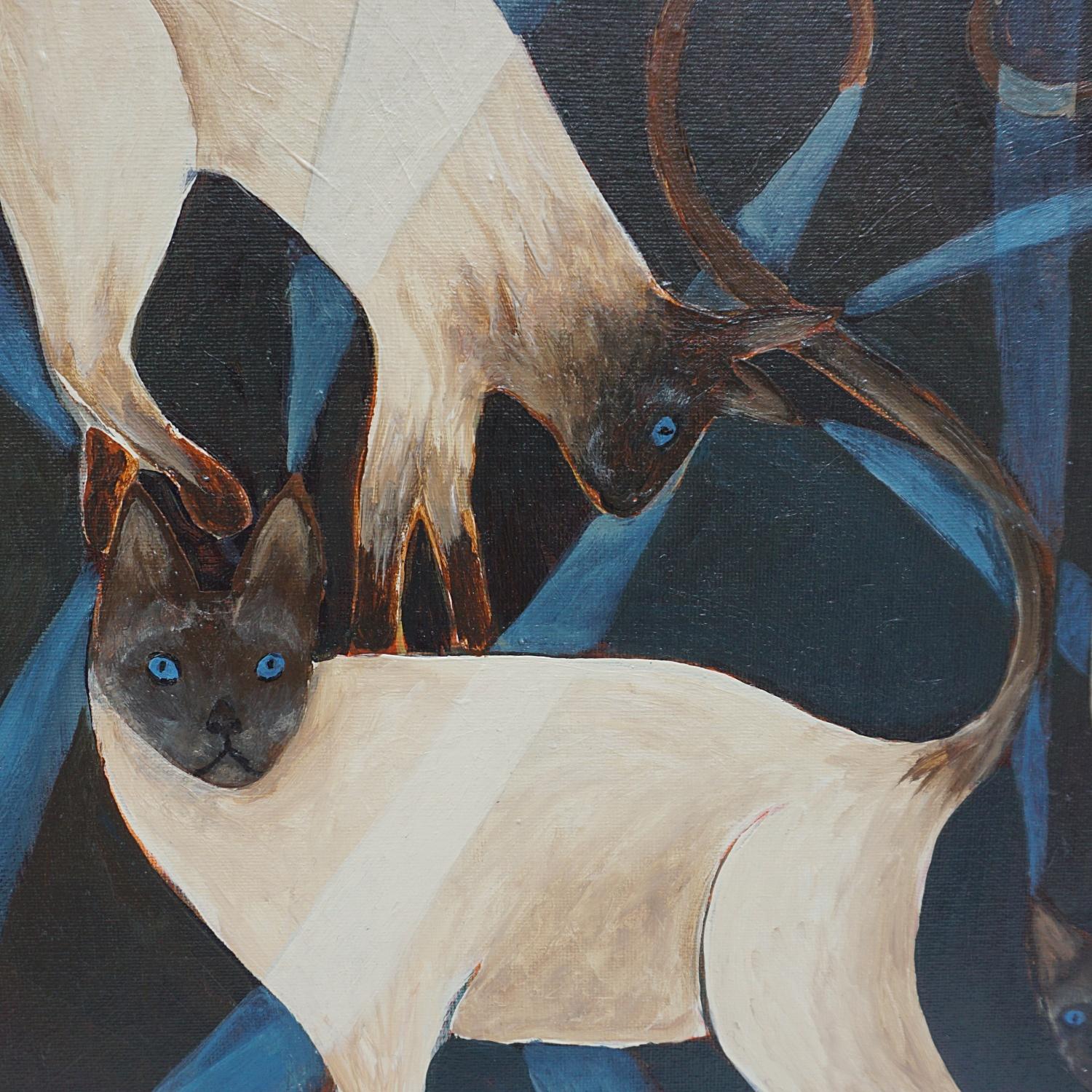 'Three Siamese Cats' A Contemporary Oil On Canvas by Vera Jefferson In Excellent Condition For Sale In Forest Row, East Sussex