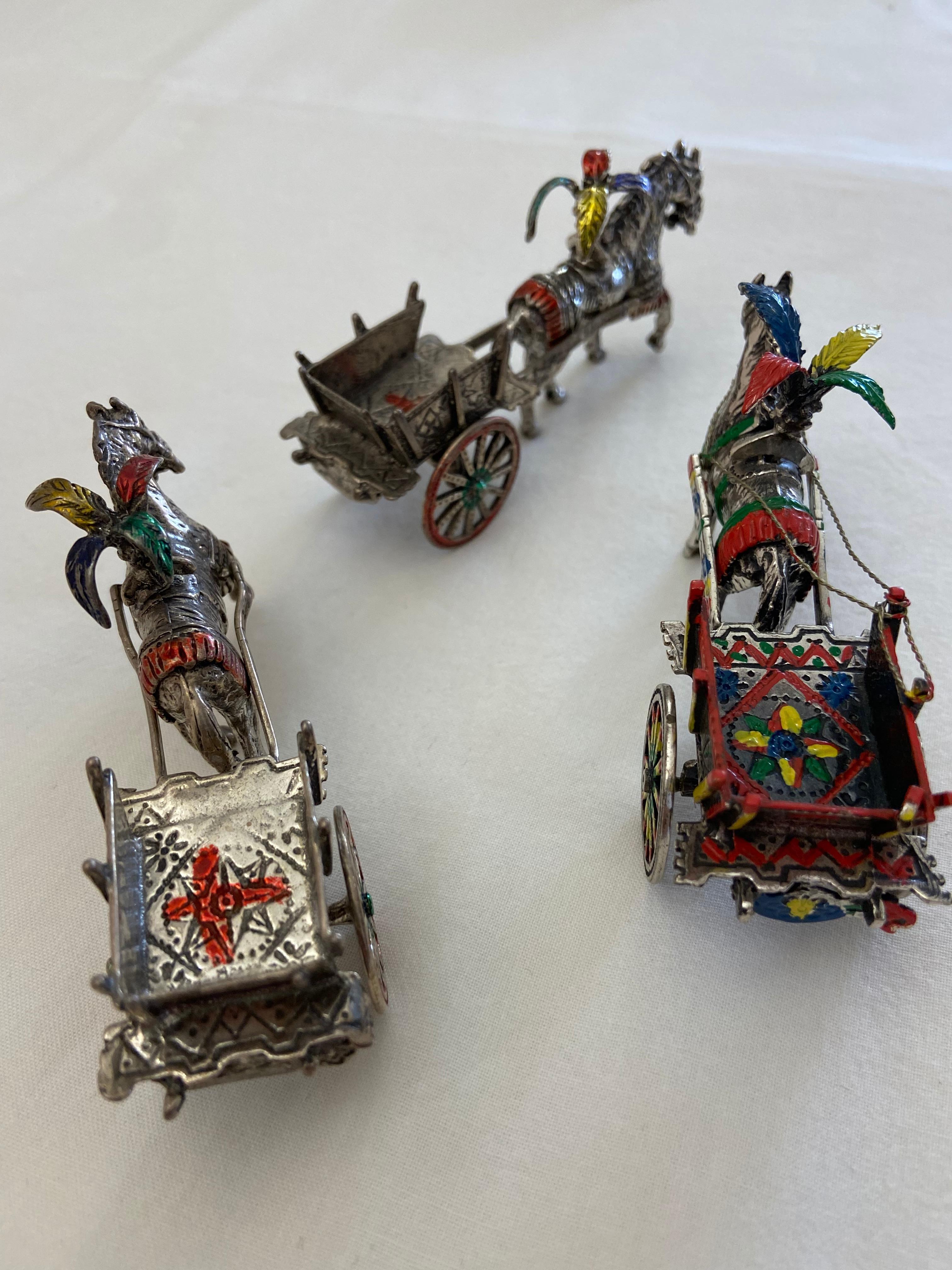 Art Nouveau Three Sicilian Carts in 800 Silver For Sale