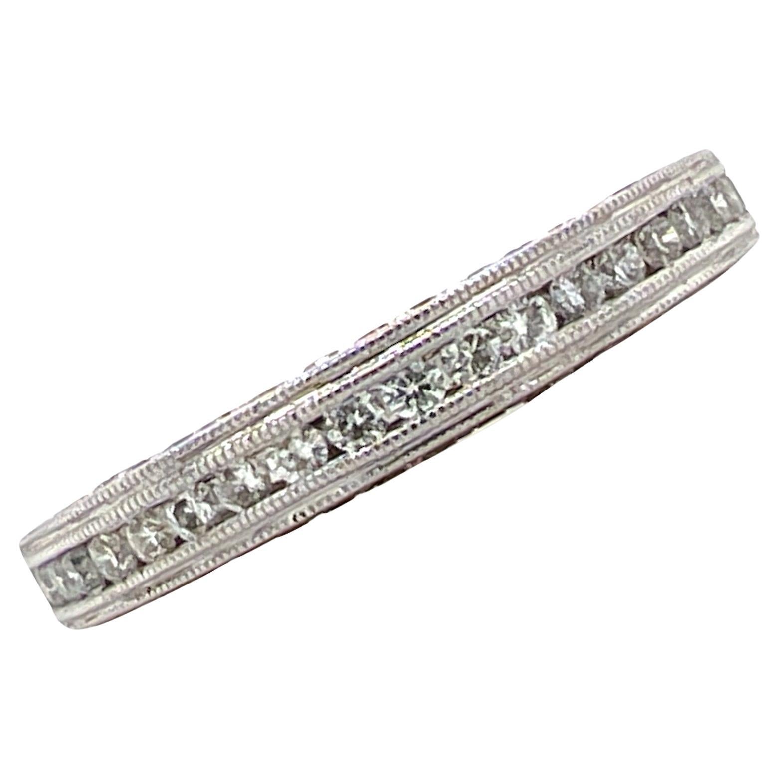 Three Sided Diamond 18 Karat White Gold Milgrain Wedding Band Ring For Sale
