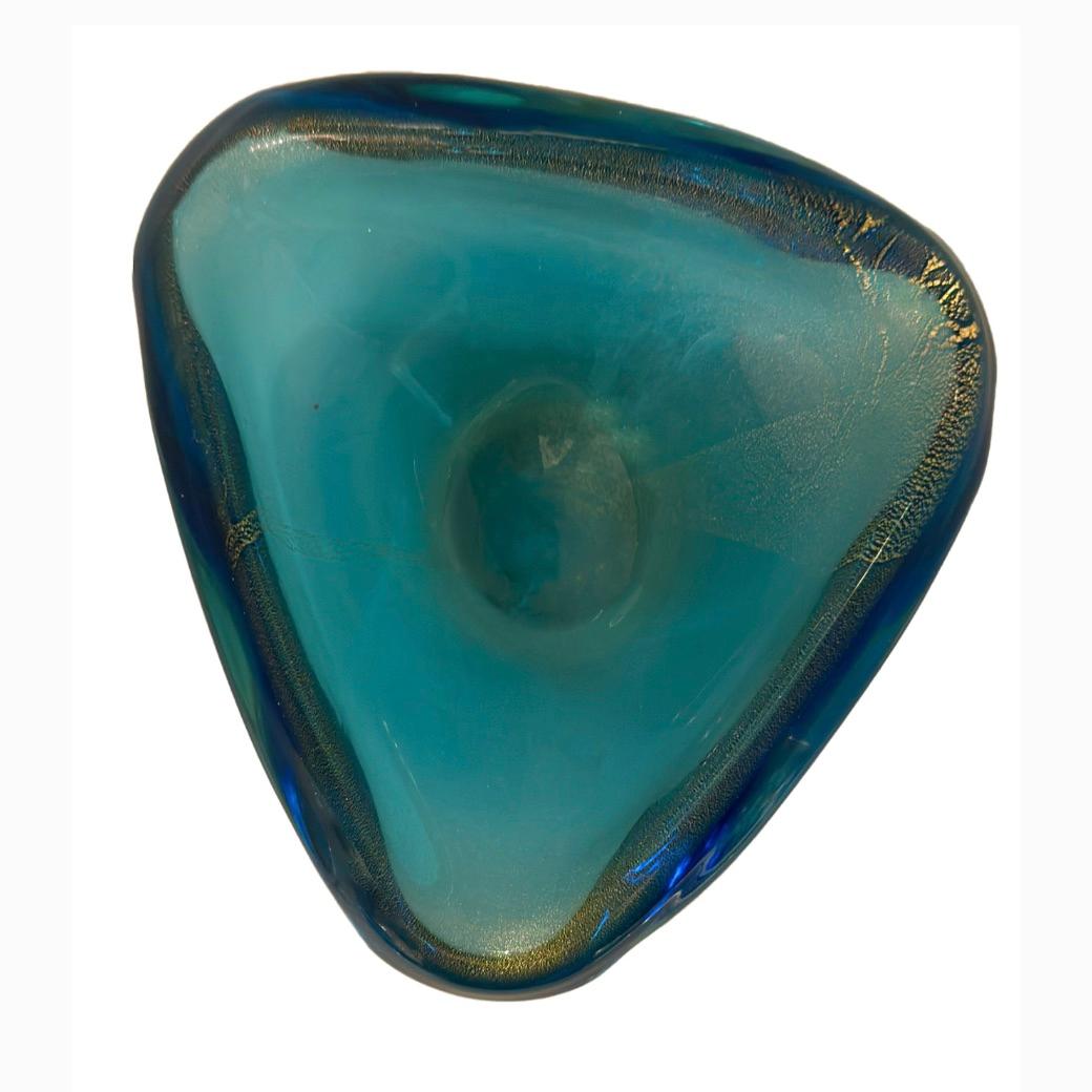 Italian Three Sided Turquoise Murano Glass Bowl with Gold-Leaf Inclusions For Sale