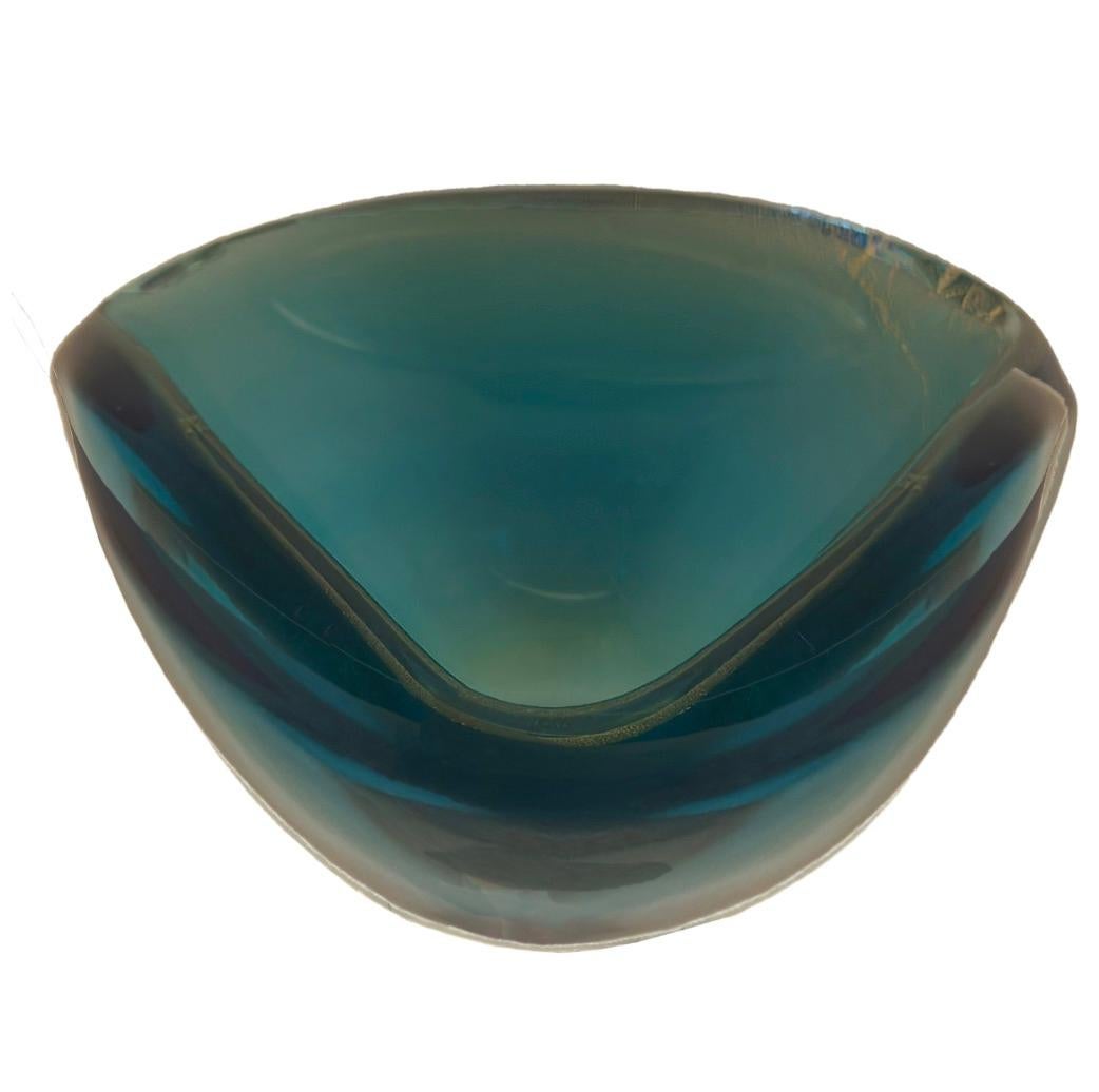 Hand-Crafted Three Sided Turquoise Murano Glass Bowl with Gold-Leaf Inclusions For Sale