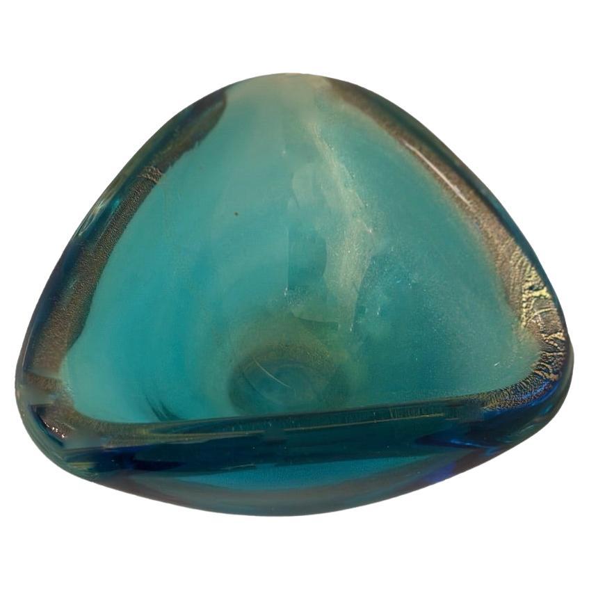 Three Sided Turquoise Murano Glass Bowl with Gold-Leaf Inclusions