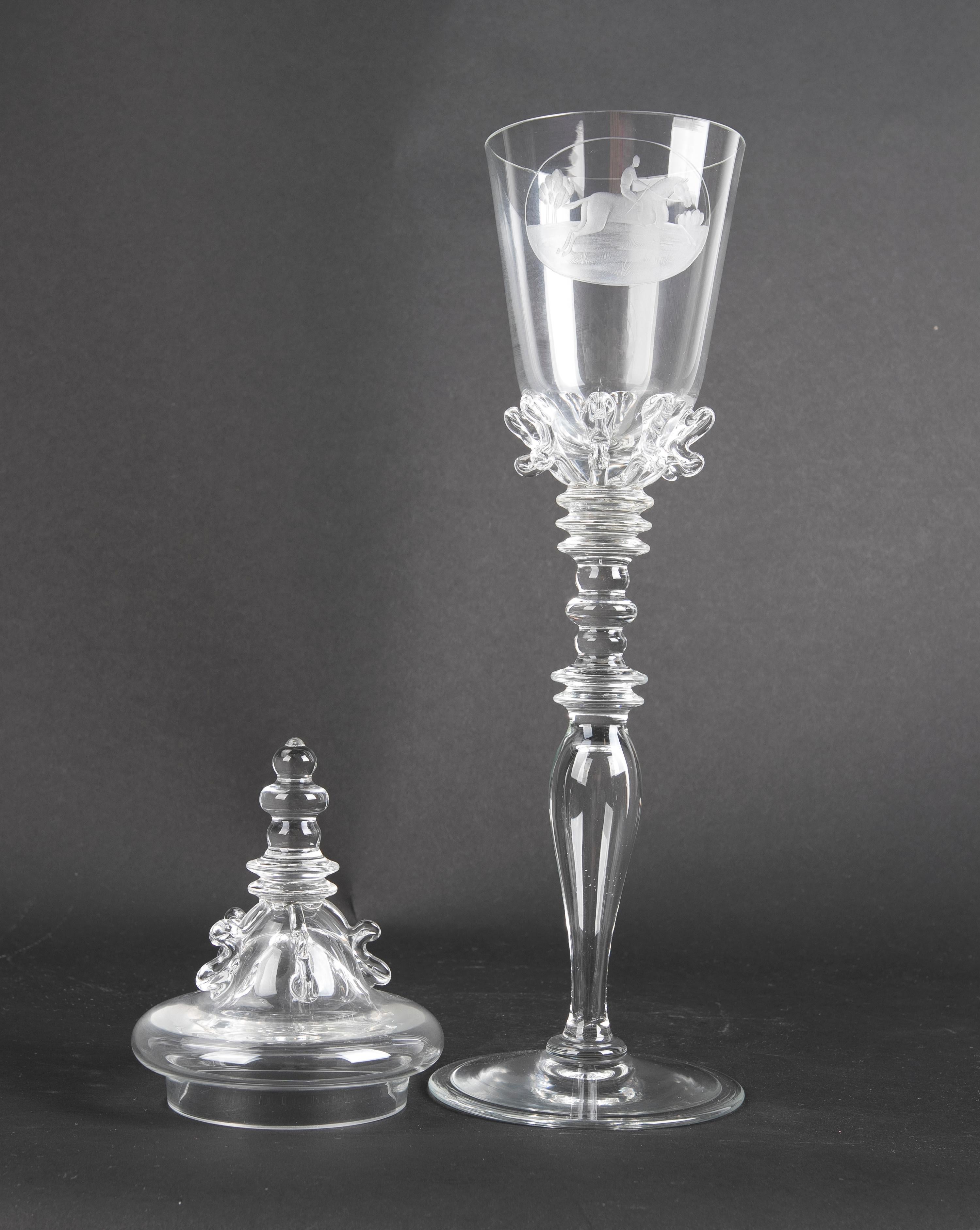 Three Signed Crystal Glass with Lids and Scenes of a Horseman on Horseback For Sale 11
