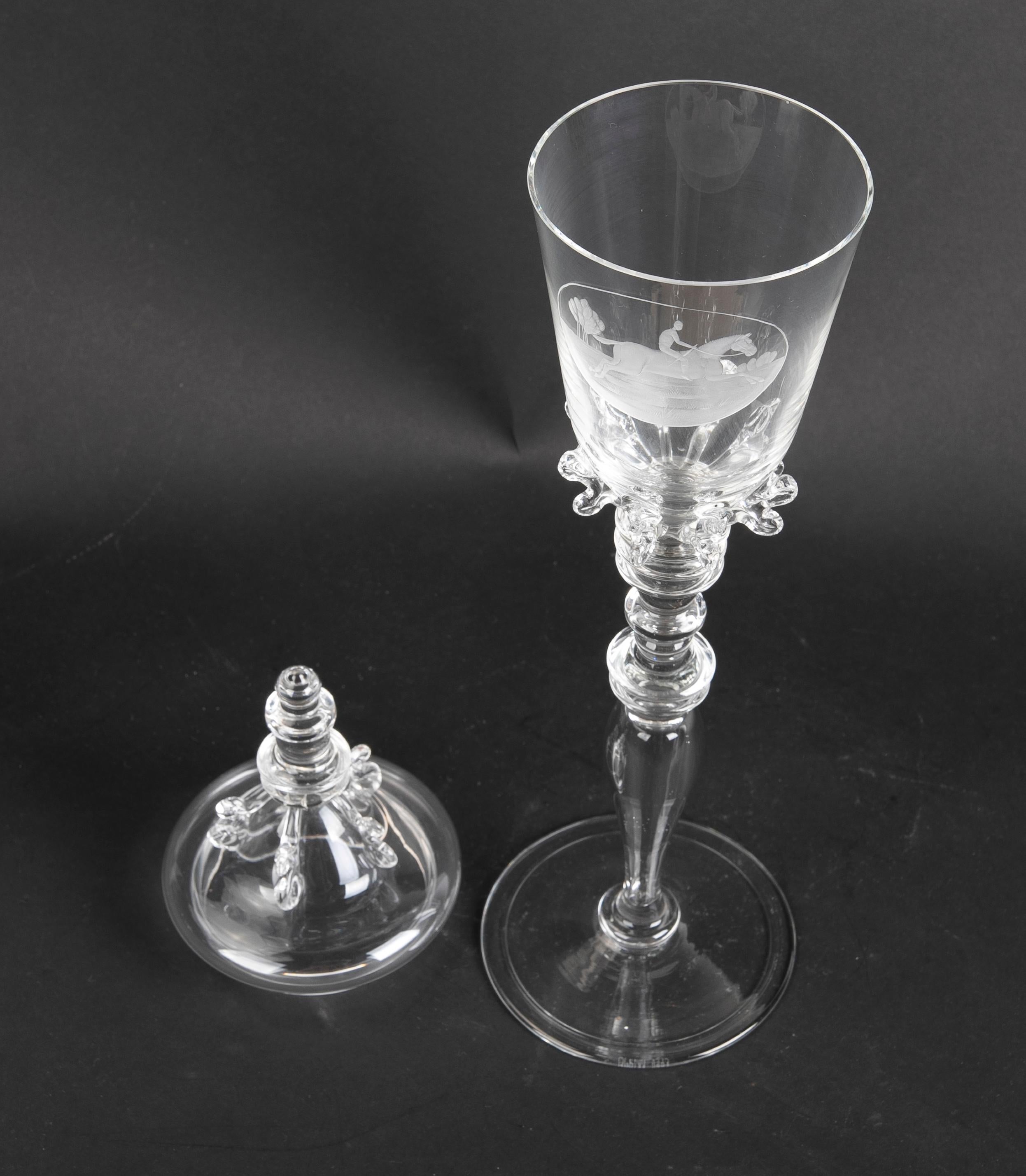 Three Signed Crystal Glass with Lids and Scenes of a Horseman on Horseback For Sale 2