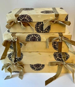 Three Silk Chinese Nesting Boxes with Velvet Ties and Symbols of Good Luck