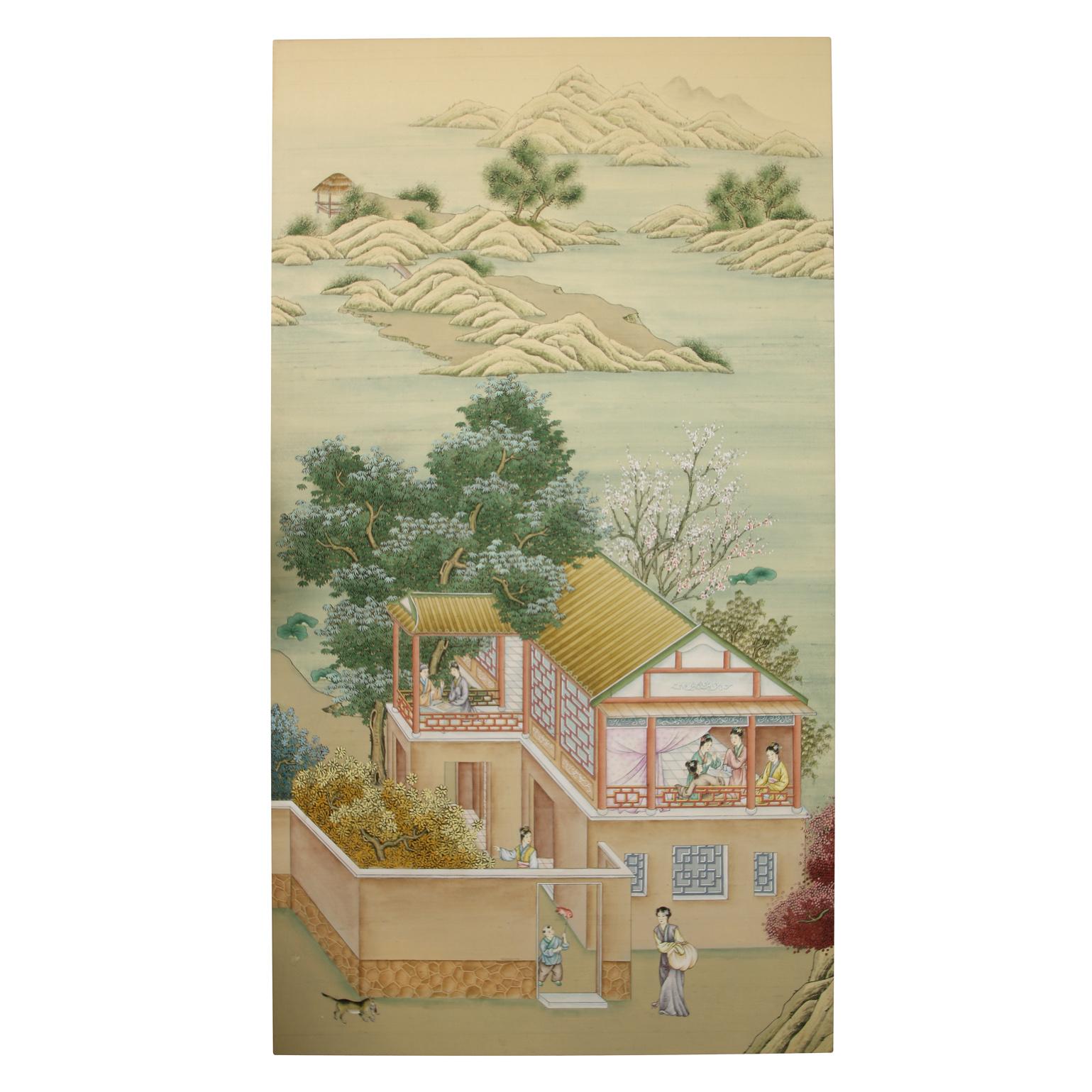 A finely painted silk on three panels, each measuring 36