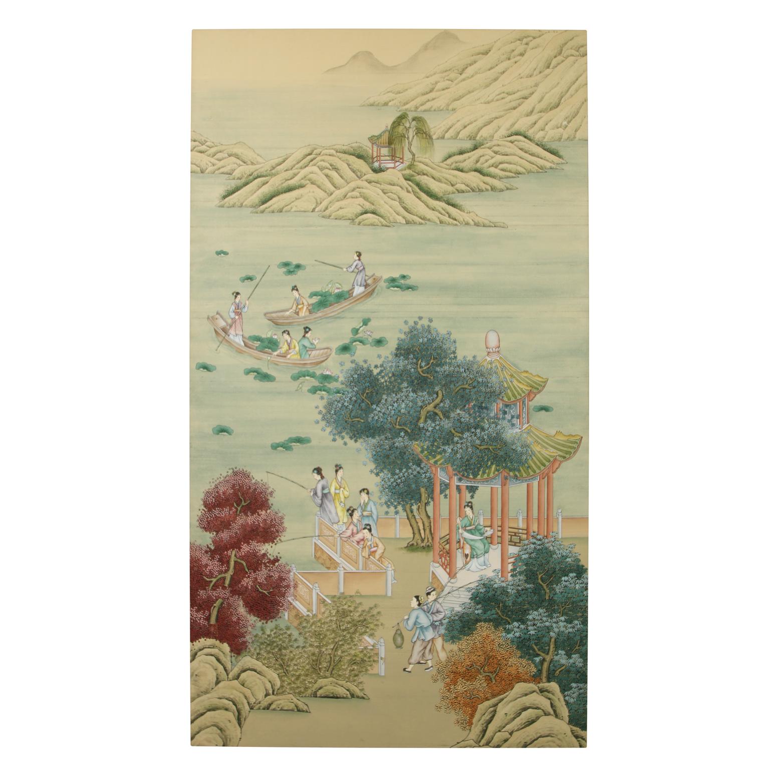 Hand-Painted Three Silk Panel Handpainted Asian Figural Landscape