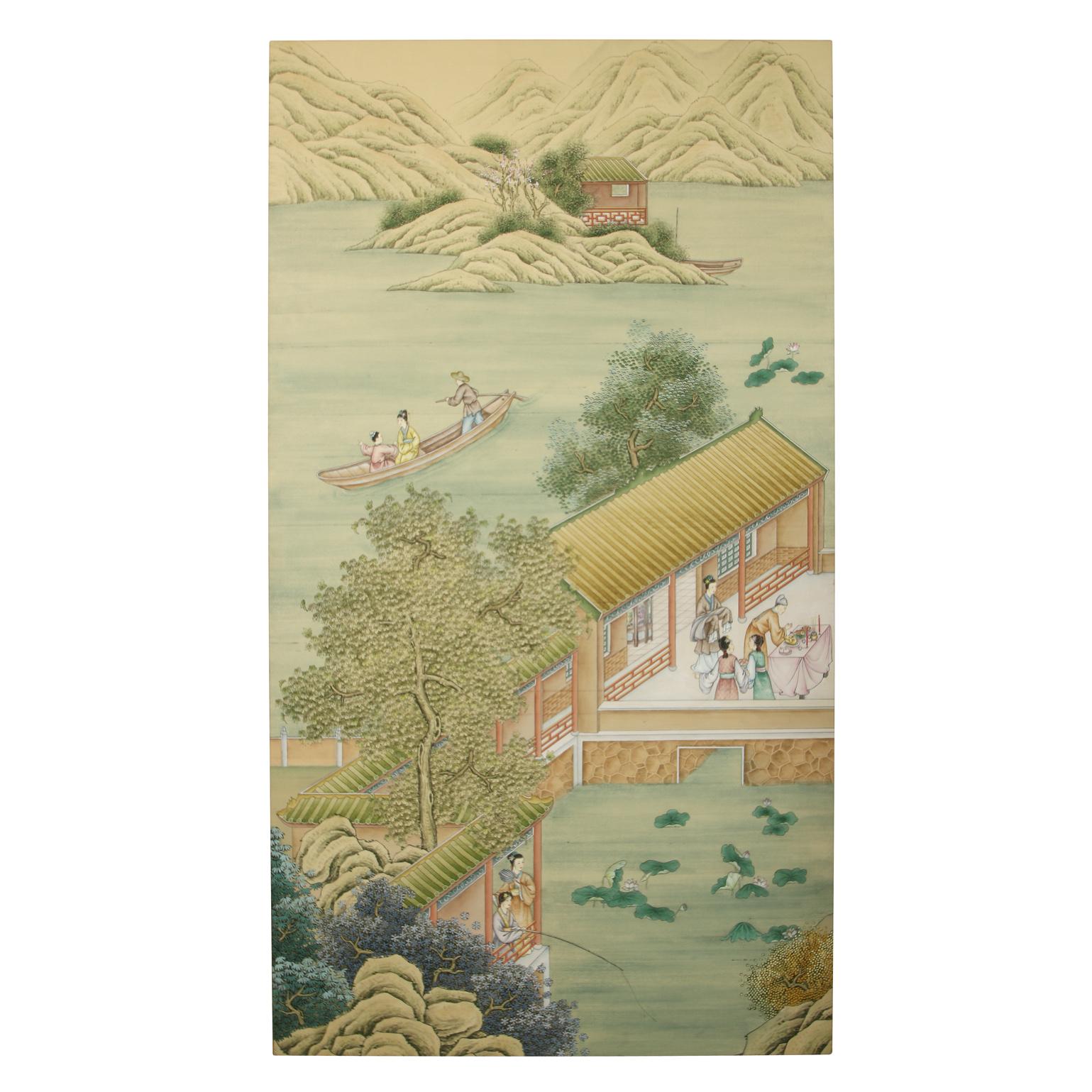 Three Silk Panel Handpainted Asian Figural Landscape In Excellent Condition In Locust Valley, NY