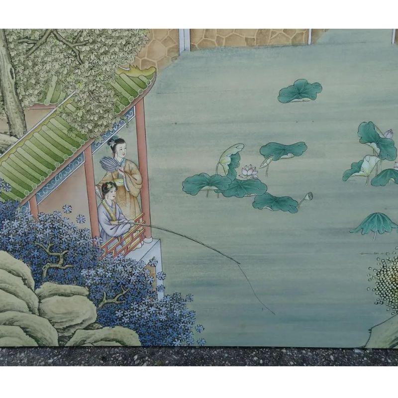 20th Century Three Silk Panel Handpainted Asian Figural Landscape