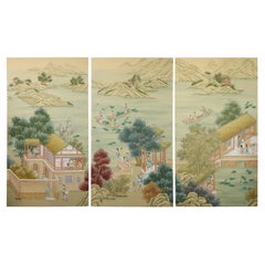 Three Silk Panel Handpainted Asian Figural Landscape