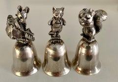 Three Silver Bells with Squirrel Cat and Mouse Figures