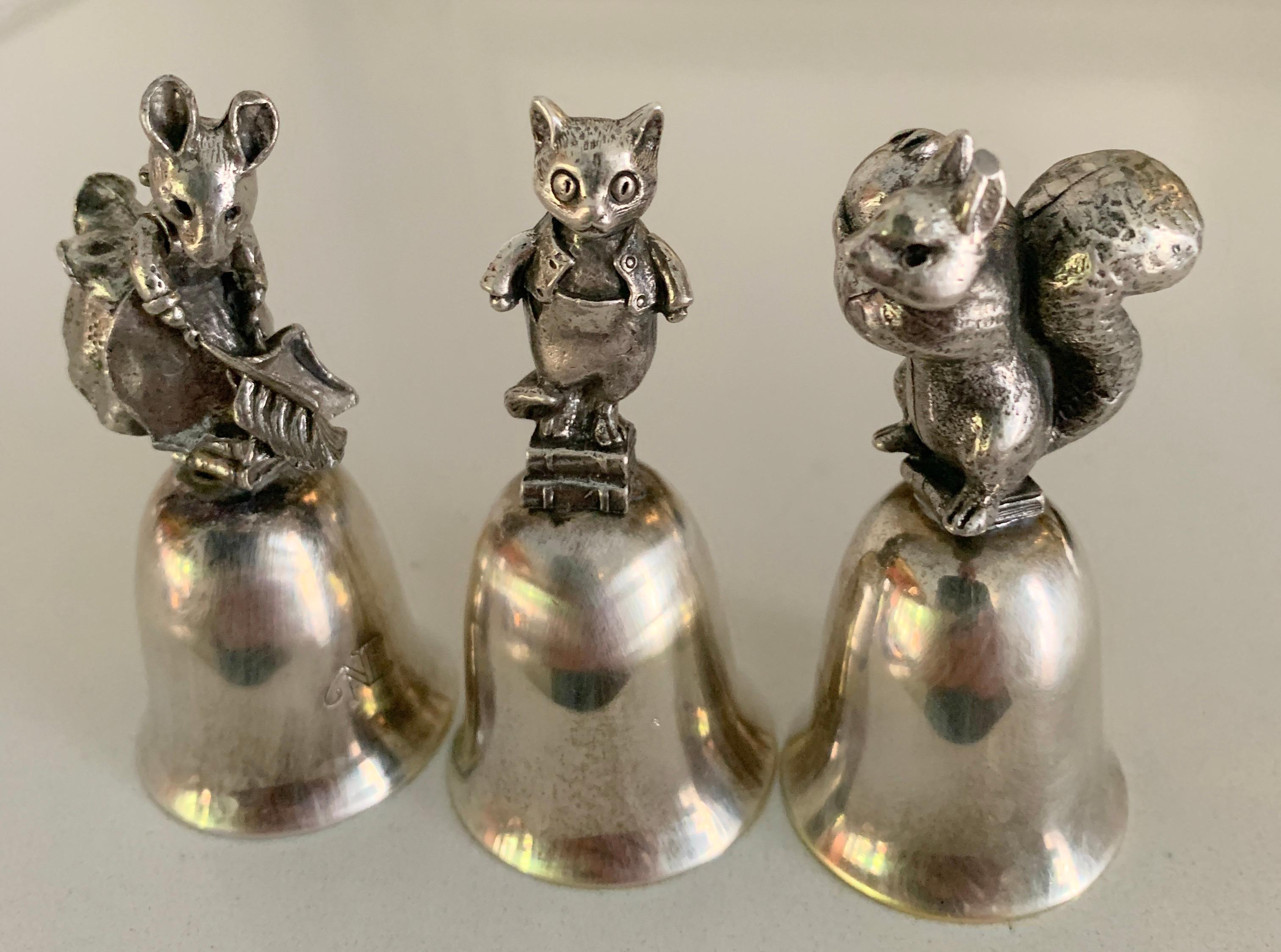 Three Silver Bells with Squirrel Cat and Mouse Figures In Good Condition In Los Angeles, CA