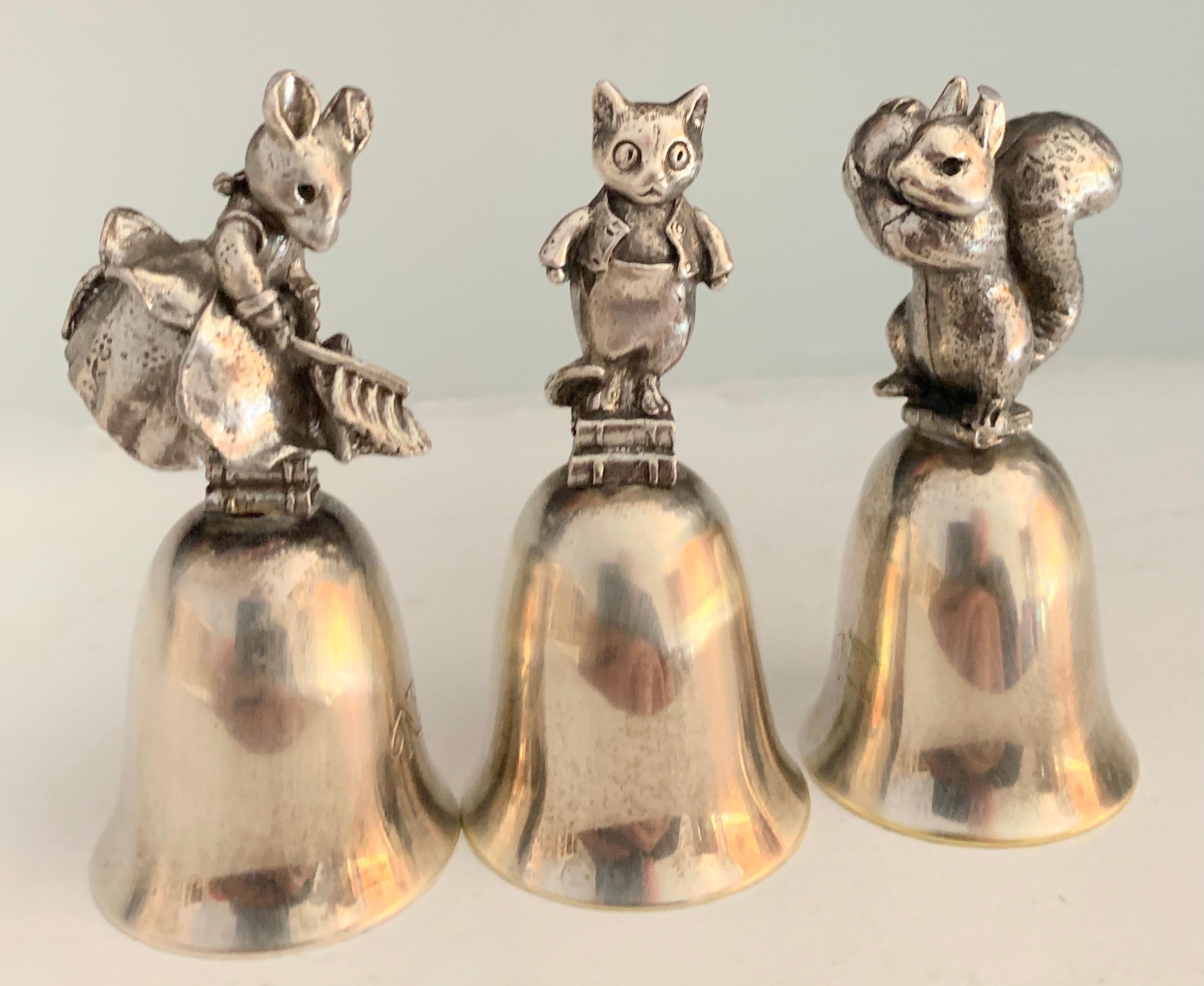 20th Century Three Silver Bells with Squirrel Cat and Mouse Figures