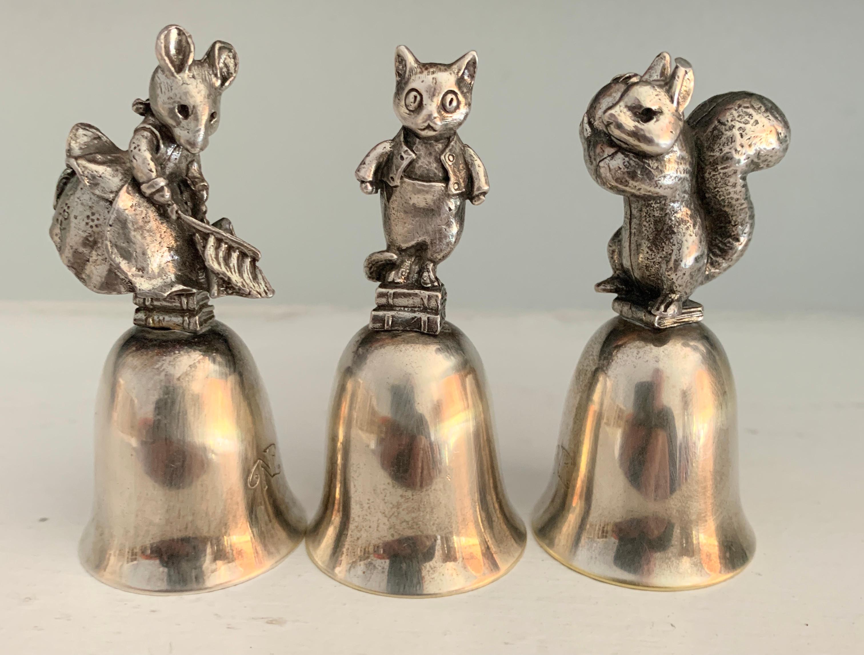 Three Silver Bells with Squirrel Cat and Mouse Figures 1