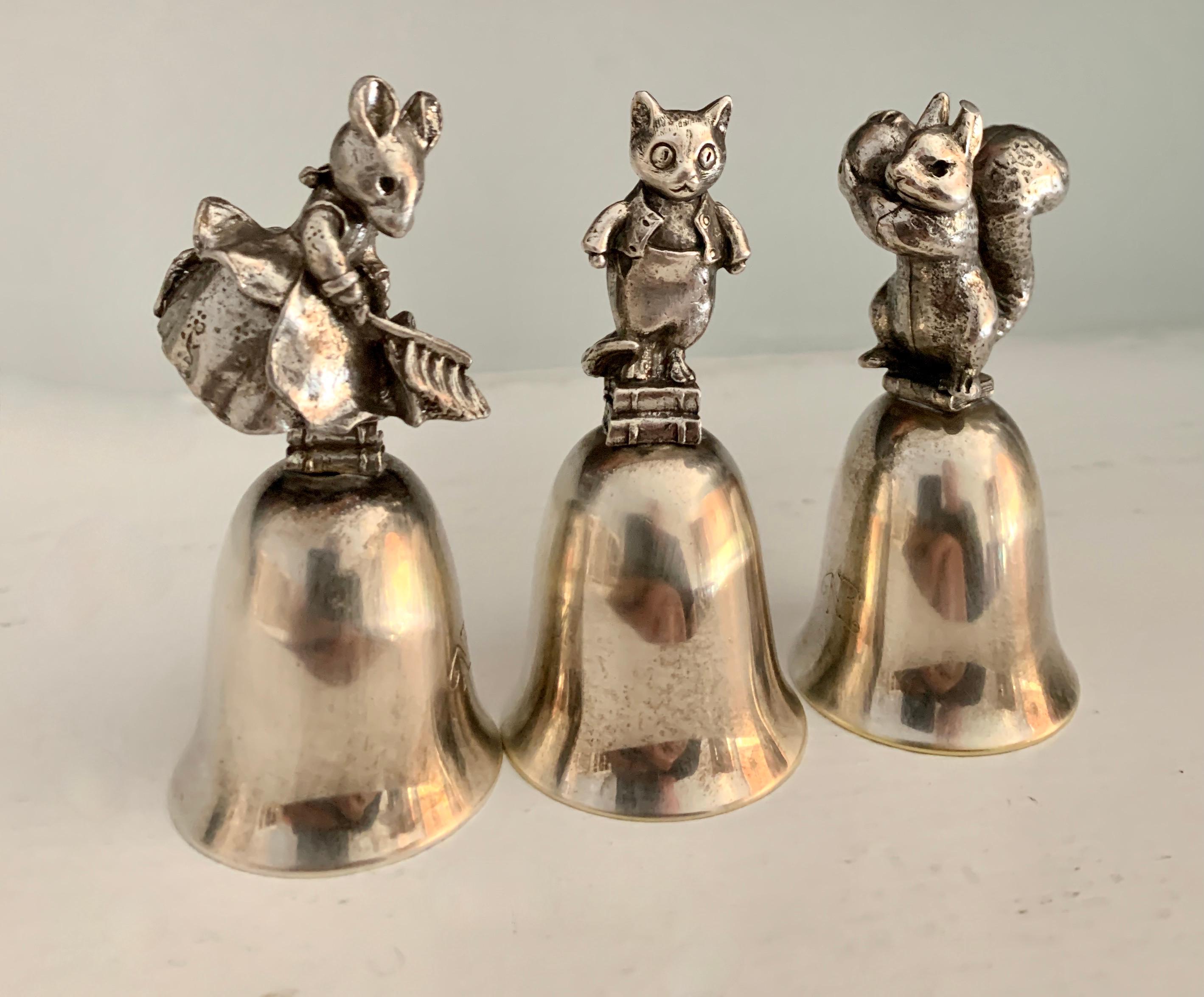 Three Silver Bells with Squirrel Cat and Mouse Figures 2