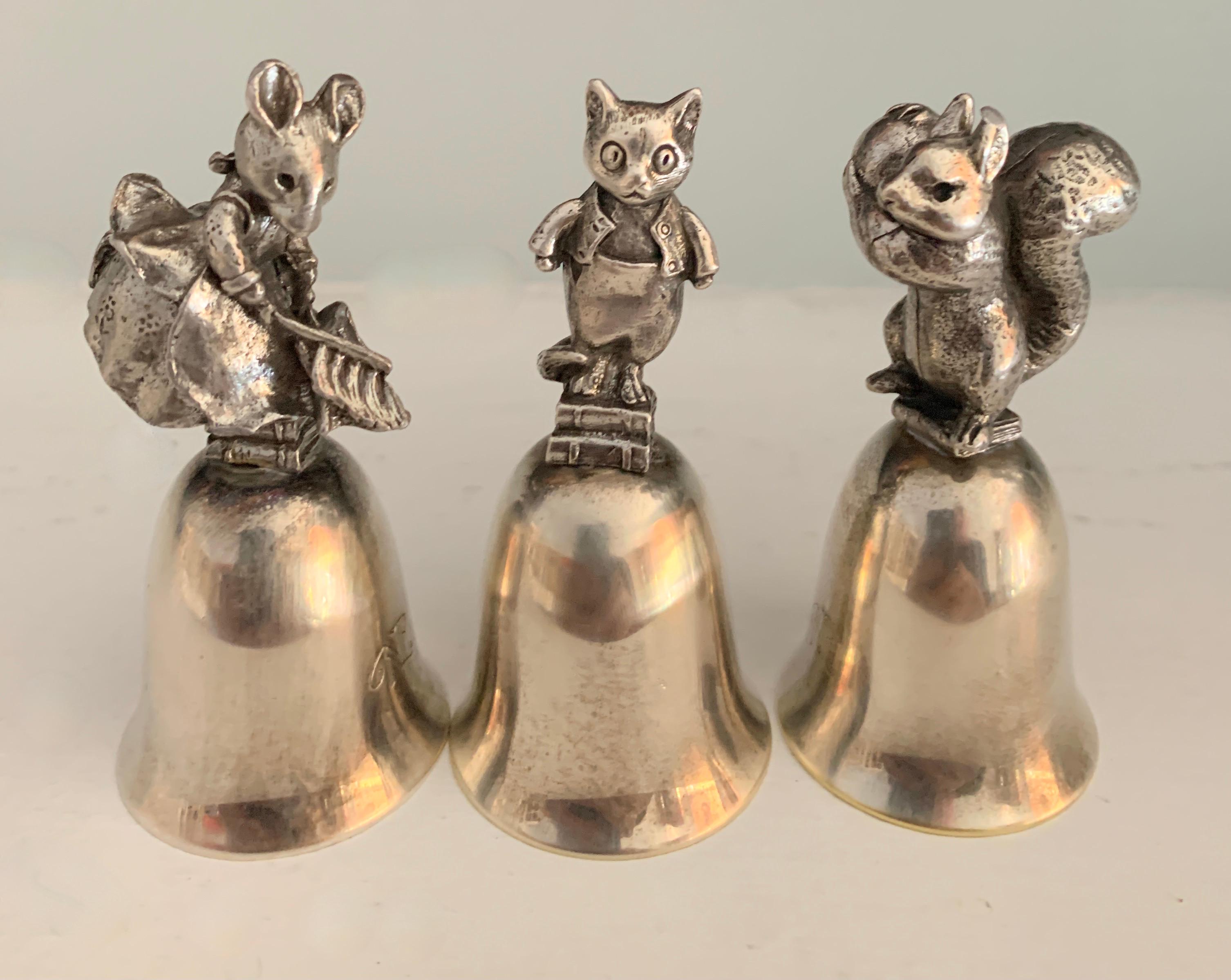 Three Silver Bells with Squirrel Cat and Mouse Figures 3