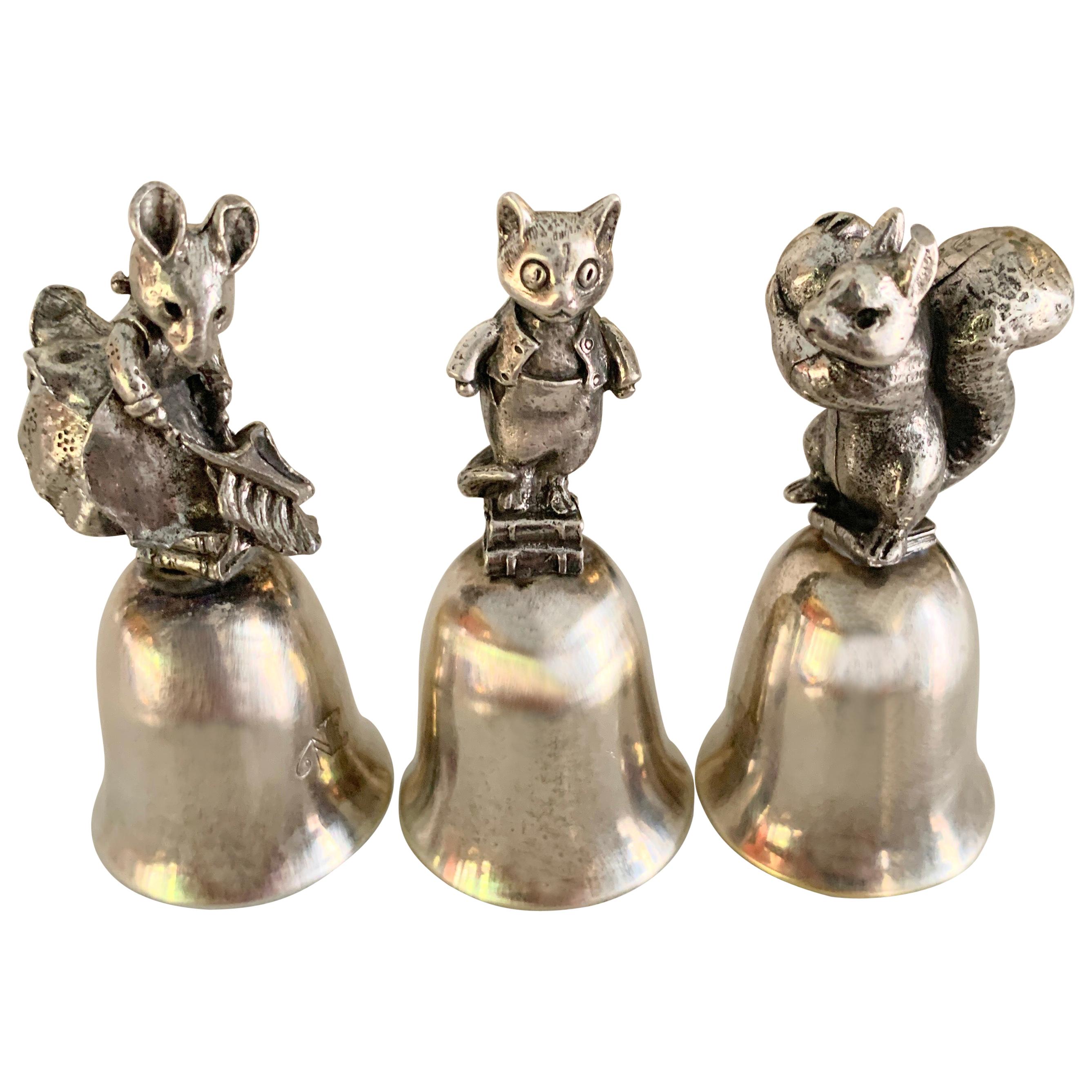 Three Silver Bells with Squirrel Cat and Mouse Figures