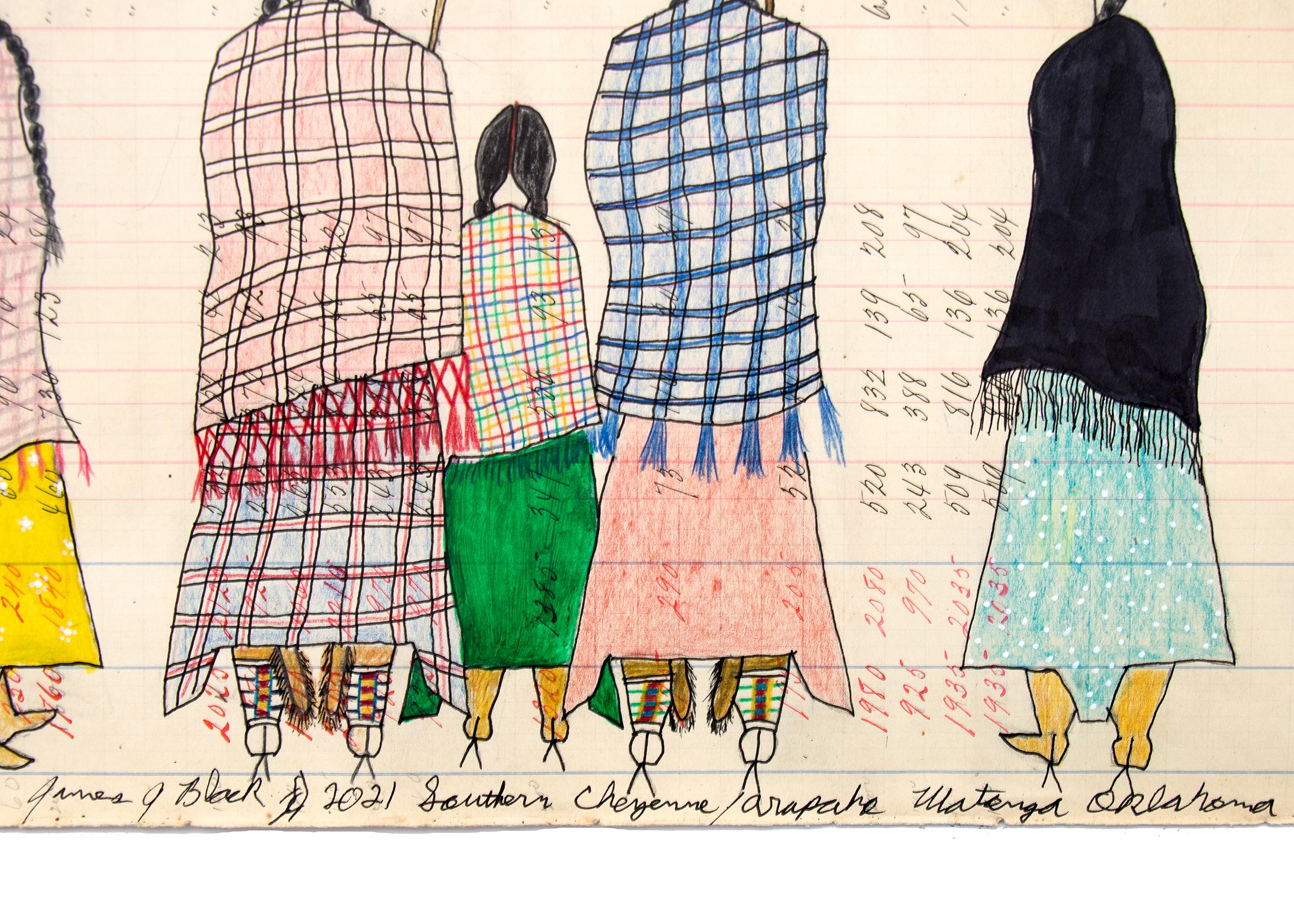Three Sisters of the Elk Scraper Society, female Cheyenne figures with umbrellas and baby in a cradle board by contemporary Native American artist, James Black, Cheyenne Arapahoe. Crayon and marker on antique ledger paper marked 