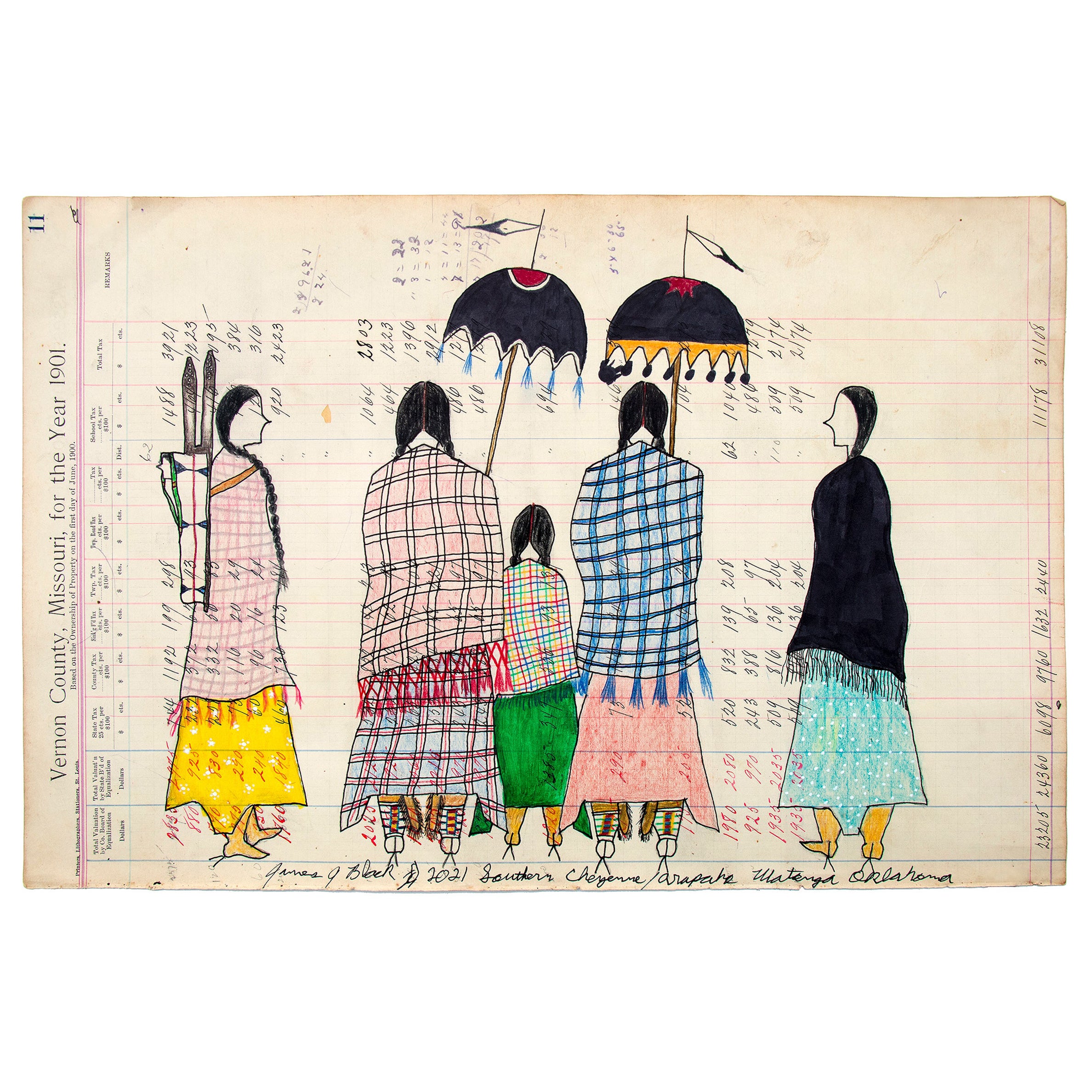 Three Sisters of the Elk Scraper Society 
Cheyenne
, Native American Ledger Art