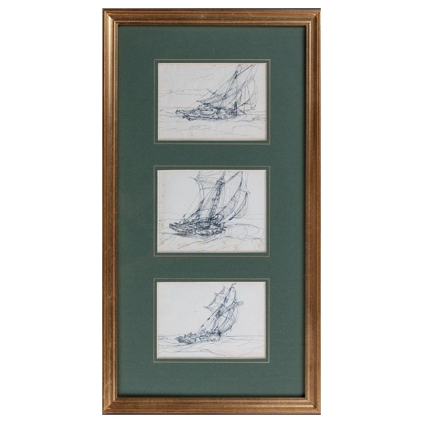 Three Sketches on Post Cards by Montague Dawson RA