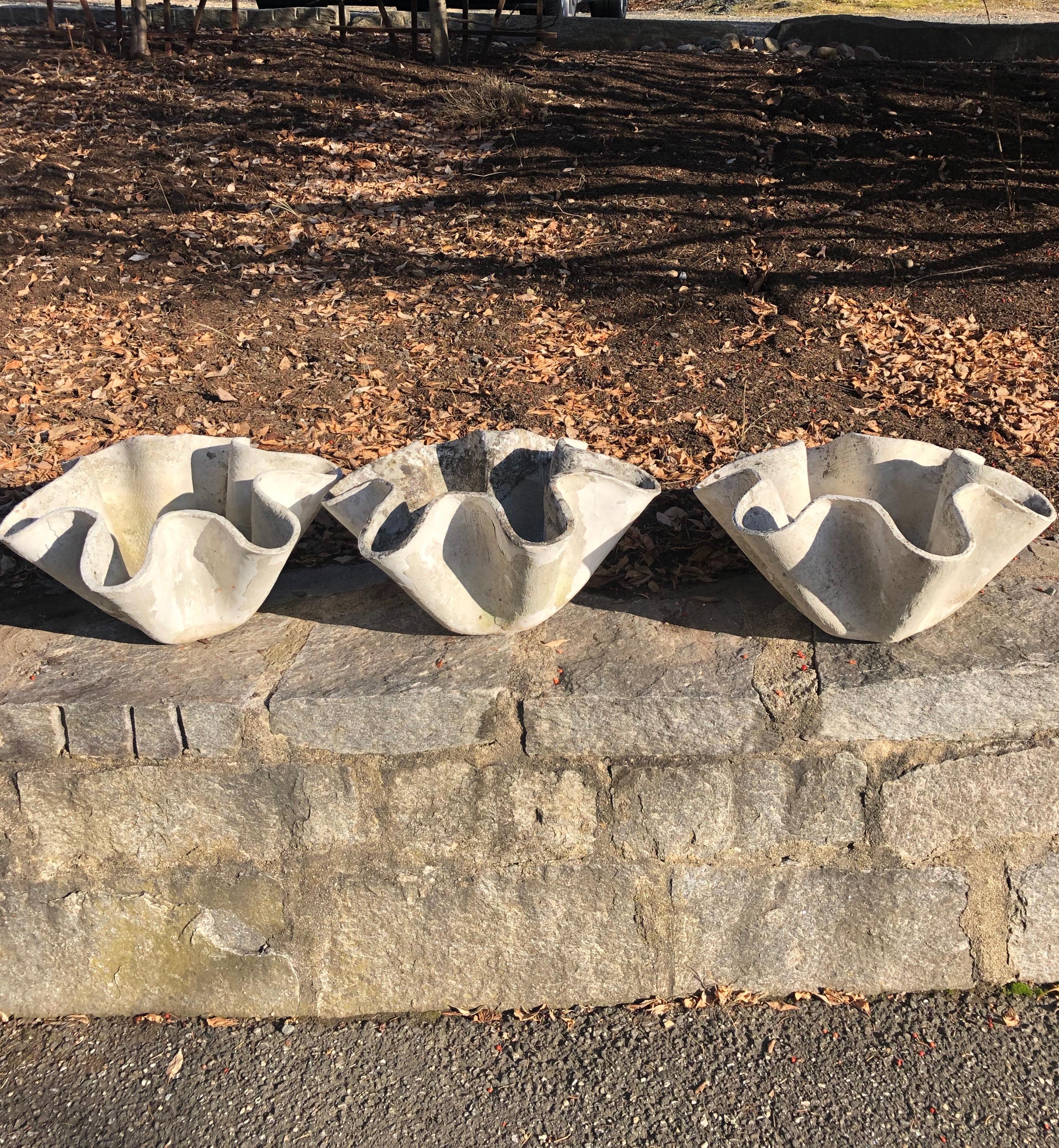 We love the taco-shell form of these planters that were made in two sizes by Eternit and designed by the iconic Willy Guhl in the 1960s. These are the smaller of the two sizes, although we also have four of the larger ones available as well (Stock #