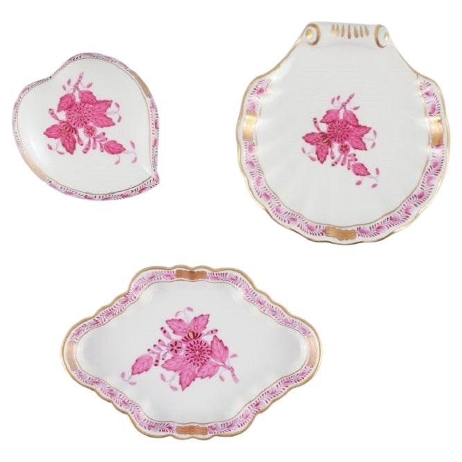 Three Small Herend "Pink Indian" Porcelain Pieces with Purple Flowers For Sale