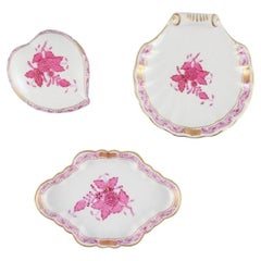Vintage Three Small Herend "Pink Indian" Porcelain Pieces with Purple Flowers