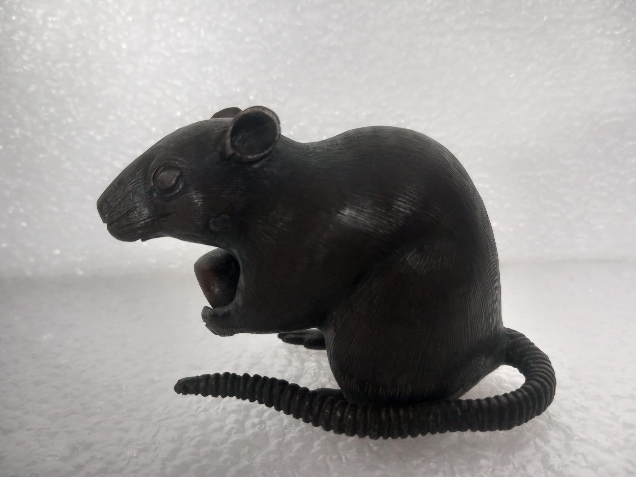 Tre piccoli ratti giapponesi in bronzo, periodo Meiji, due che tengono castagne, ciascuno firmato, lunghi circa 9 cm e il più grande alto 6,5 cm e un altro piccolo modello di ratto, lungo 9,5 cm 