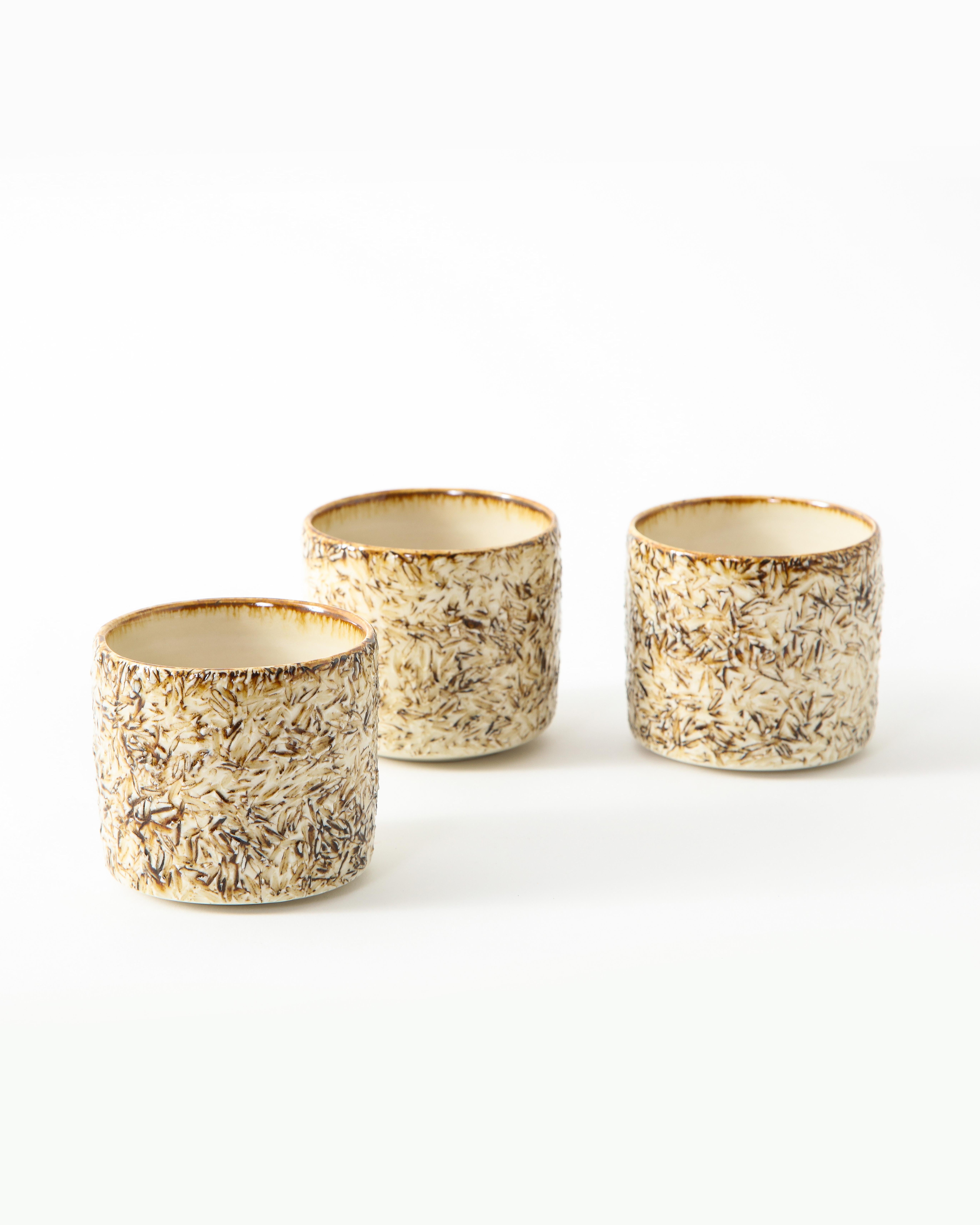 Three Small Neutral Toned Textured Ceramic Tea Tumblers 4