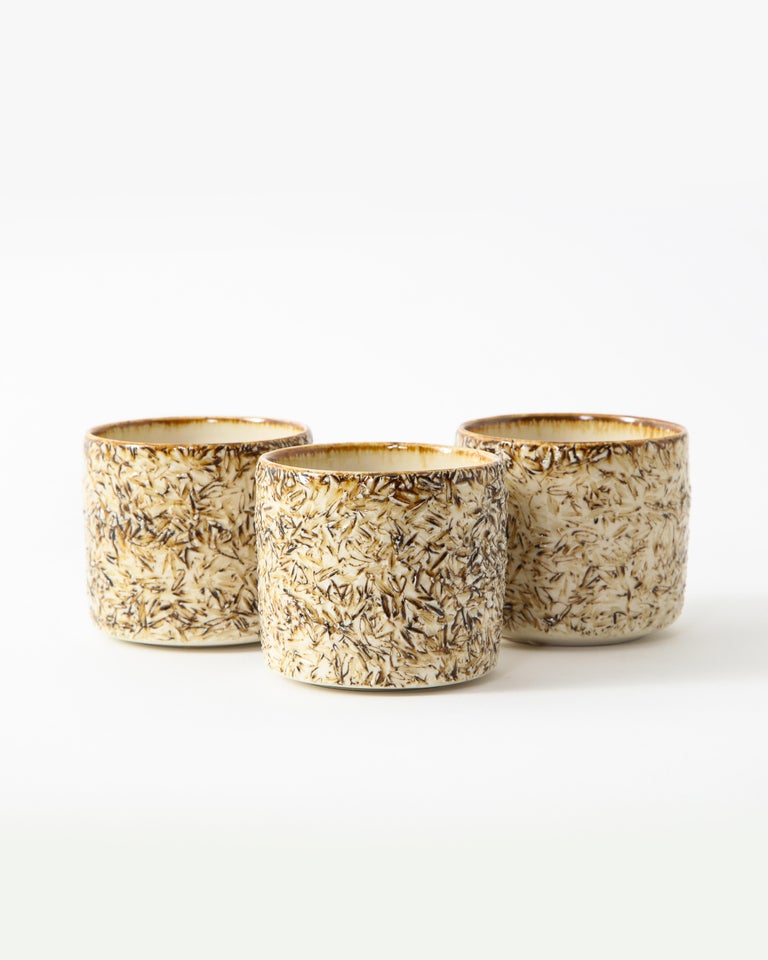 Three Small Neutral Toned Textured Ceramic Tea Tumblers For Sale at 1stDibs