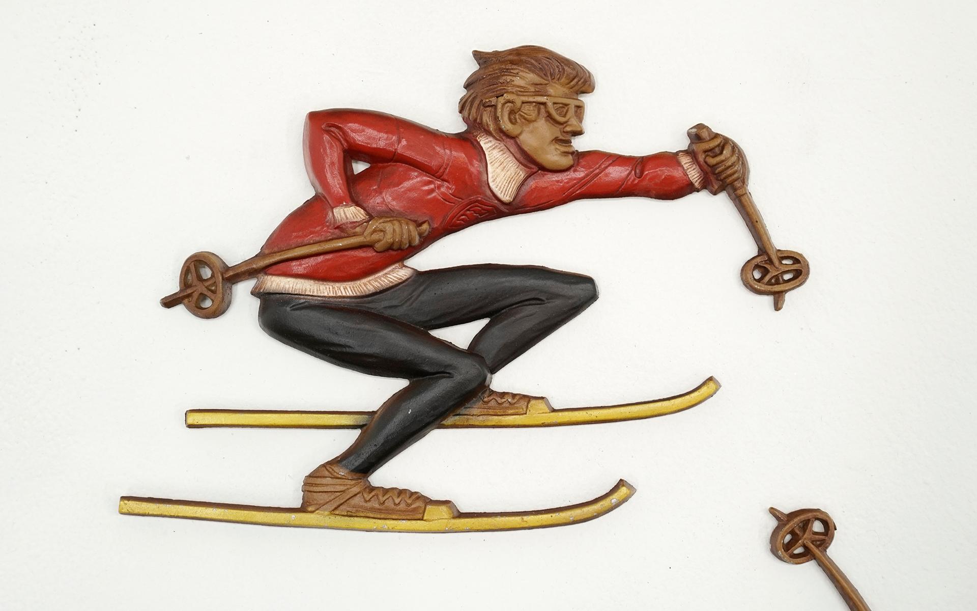 Mid-Century Modern Three Snow Skiers Metal Wall Mounted Sculptures.  Signed Sexton 1972.
