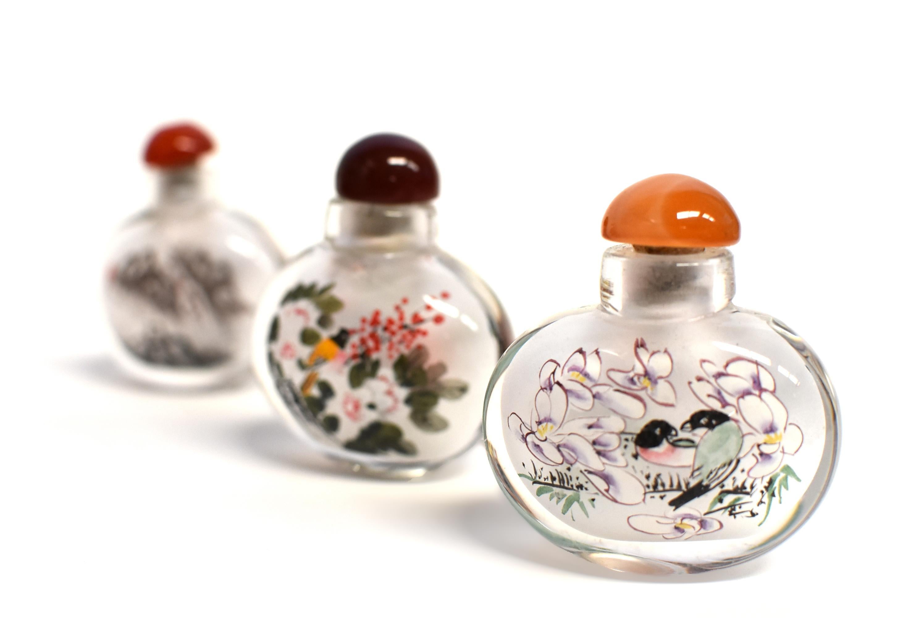 Contemporary Three Snuff Bottles Painted Inside Natures For Sale