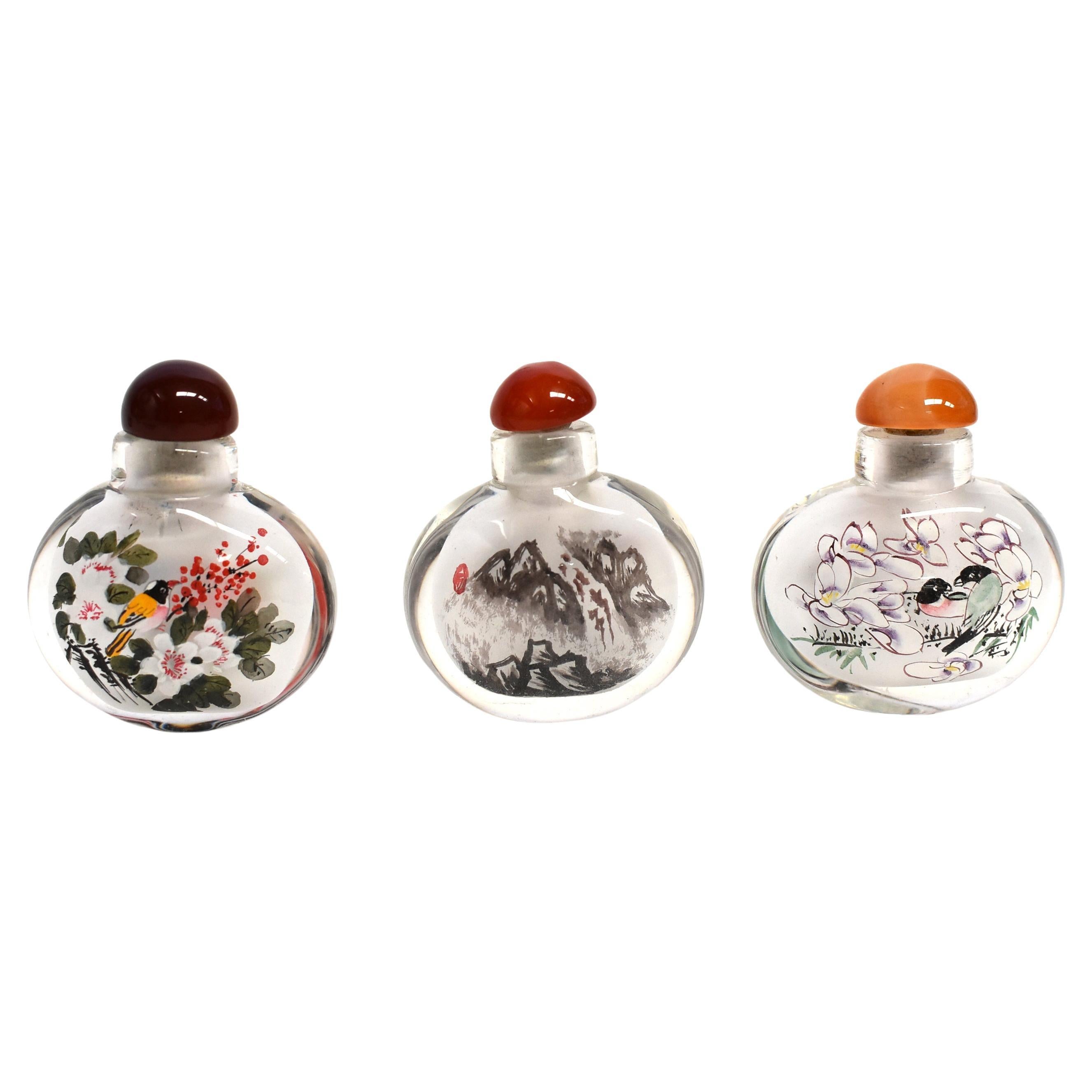 Three Snuff Bottles Painted Inside Natures For Sale