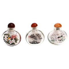 Vintage Three Snuff Bottles Painted Inside Natures