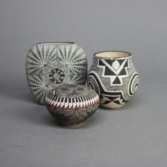 Three Southwestern Native American Acoma Pottery Artist Signed Vessels 20thC