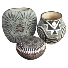 Three Southwestern Native American Acoma Pottery Artist Signed Vessels 20thC