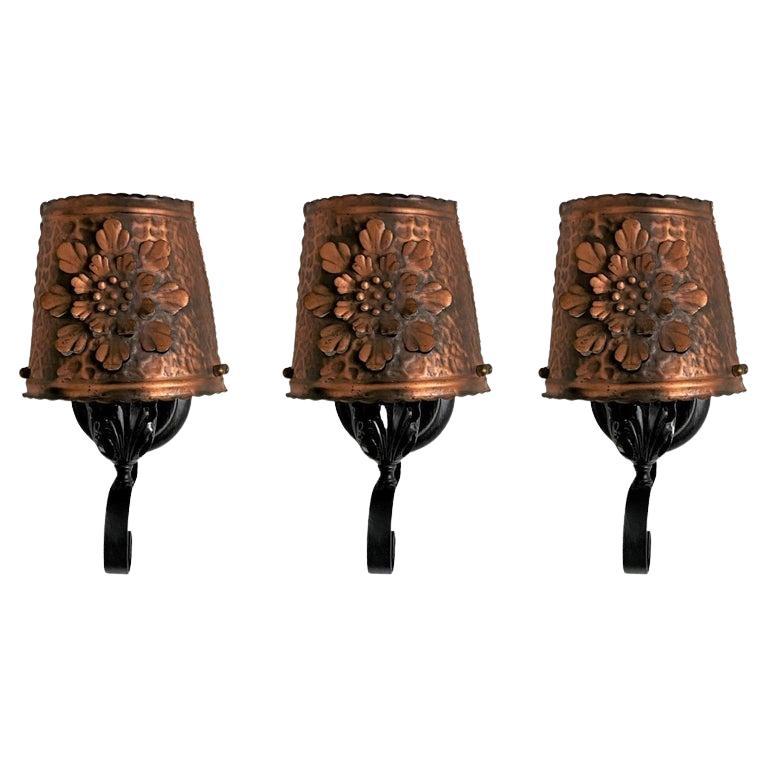 Three Spanish Colonial Style Wrought Iron Pierced Copper Wall Sconces, 1940s