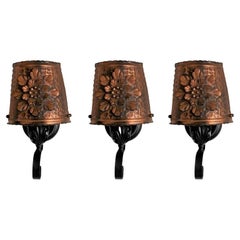 Three Spanish Colonial Style Wrought Iron Pierced Copper Wall Sconces, 1940s