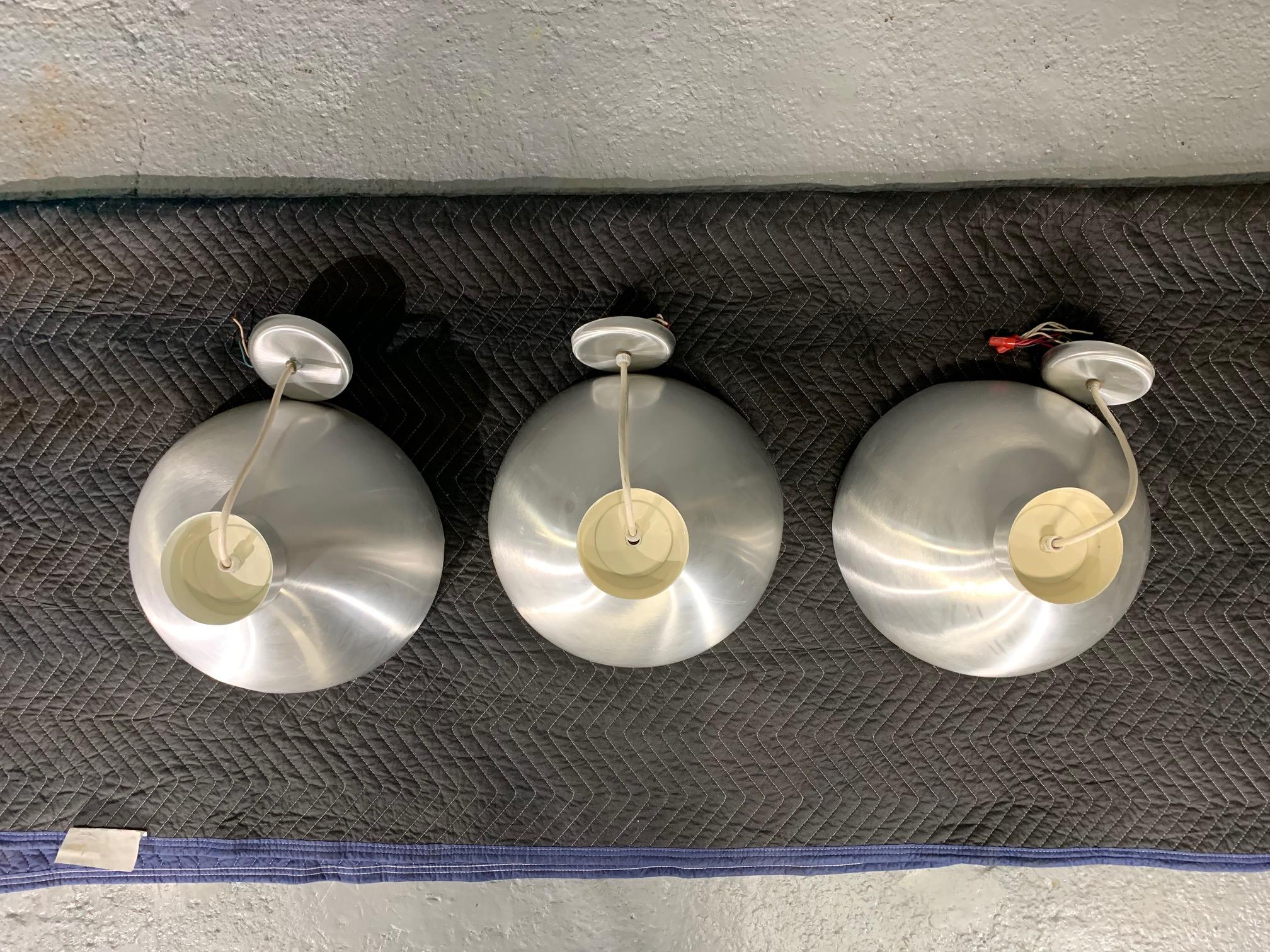 Mid-Century Modern Three Spun Aluminum Midcentury Style Round Hanging Lights For Sale