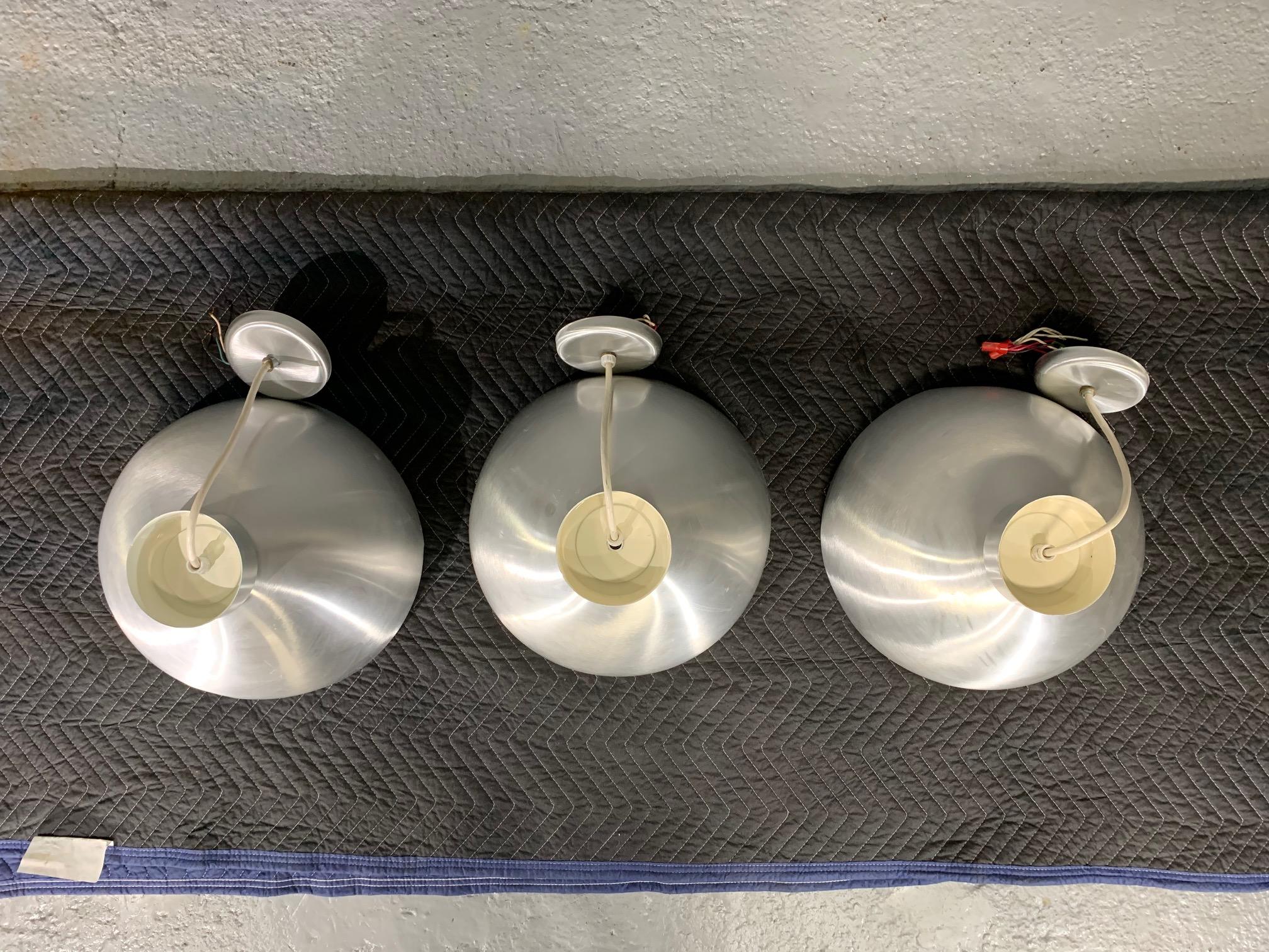 Three Spun Aluminum Midcentury Style Round Hanging Lights In Good Condition For Sale In Belmont, MA