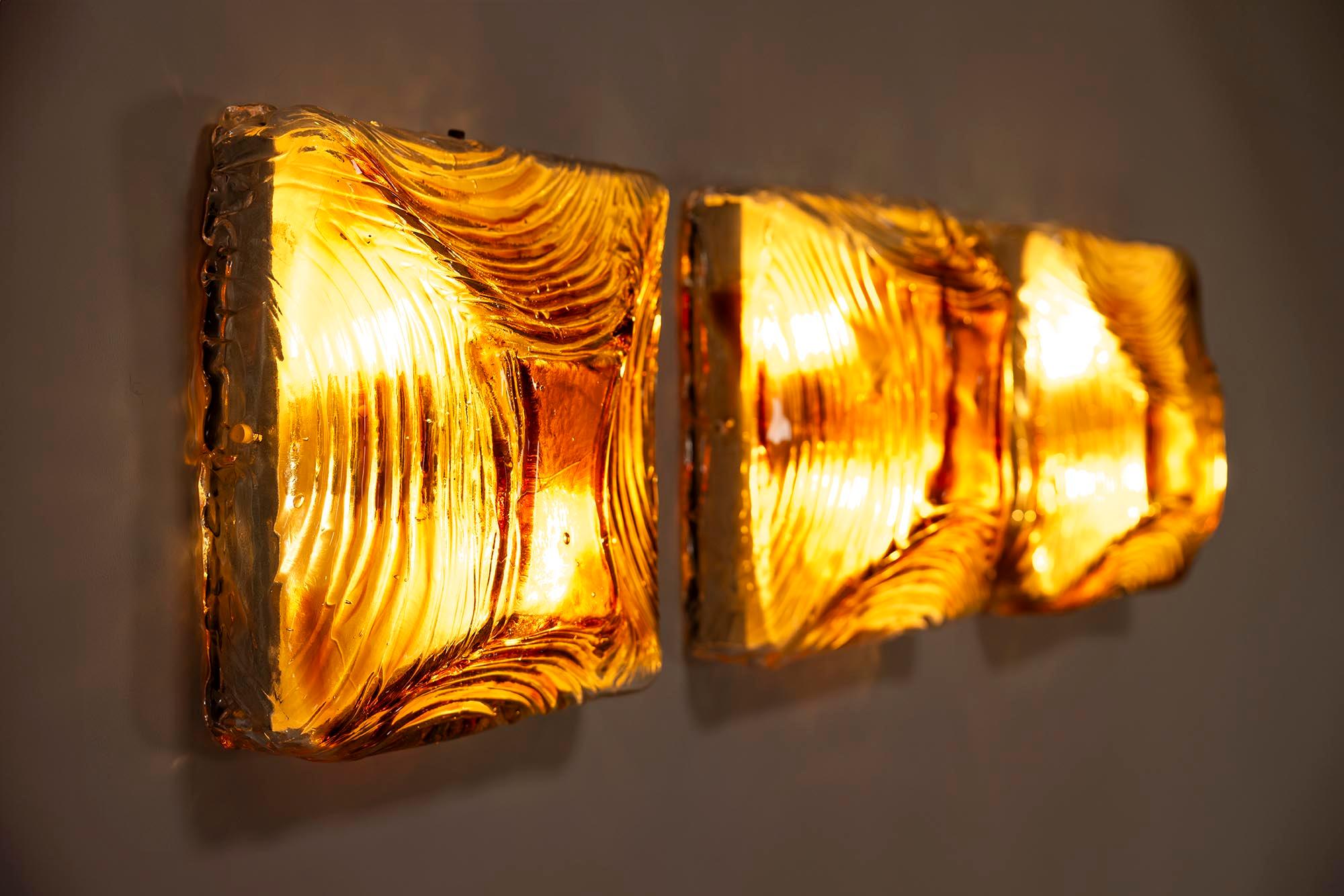 Three Square Amber Murano Glass Wall Sconces, Italy 1970s 5