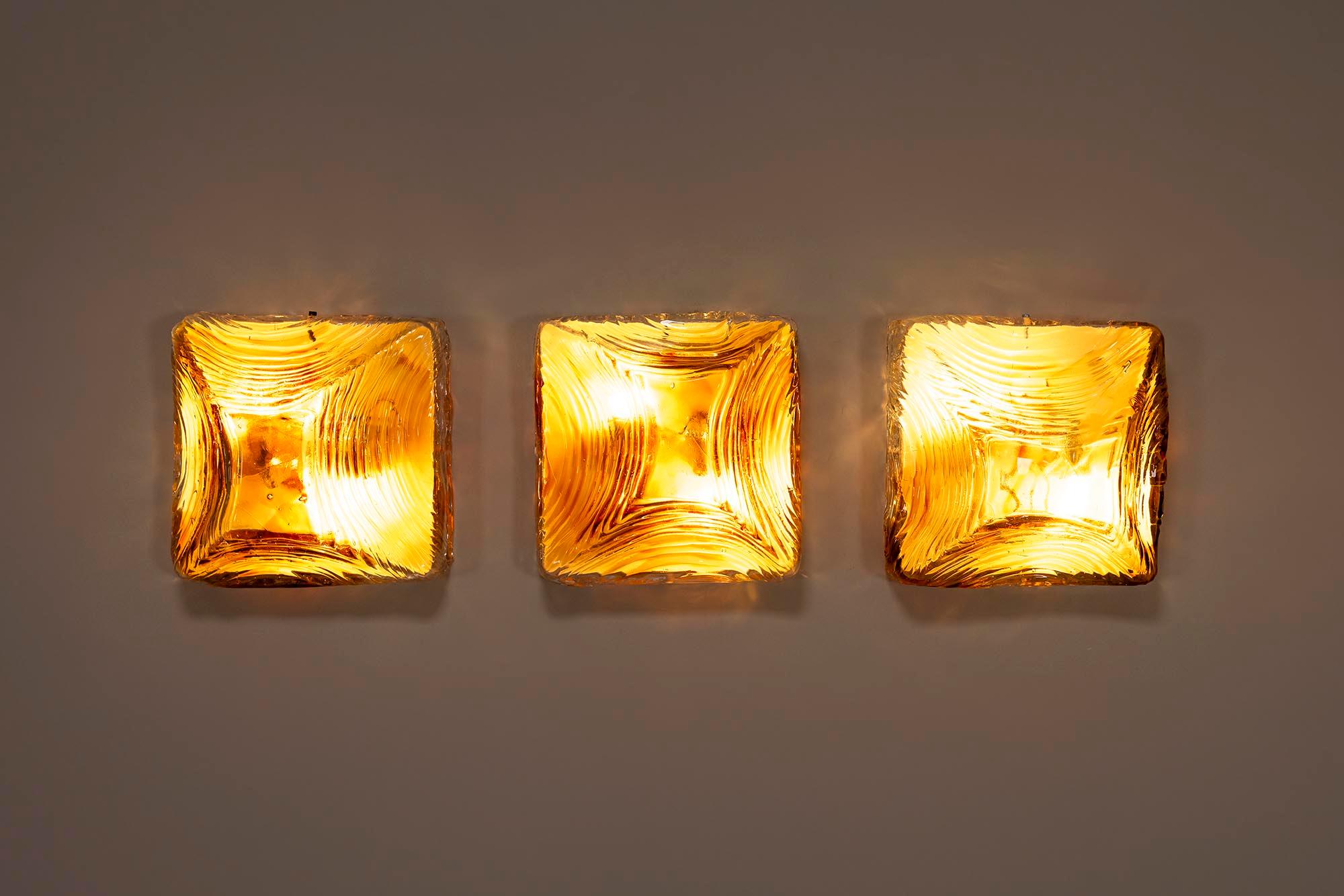 Mid-Century Modern Three Square Amber Murano Glass Wall Sconces, Italy 1970s