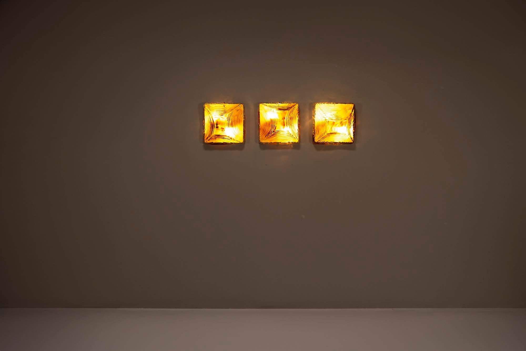 Italian Three Square Amber Murano Glass Wall Sconces, Italy 1970s