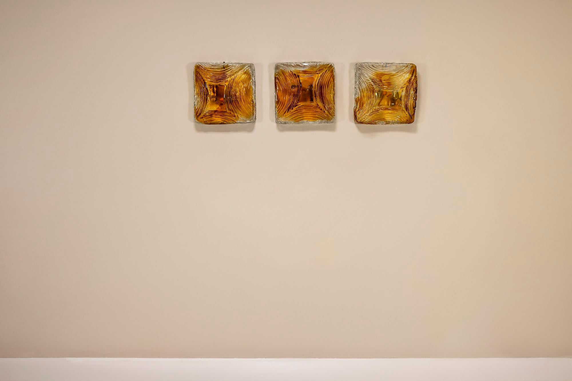 Late 20th Century Three Square Amber Murano Glass Wall Sconces, Italy 1970s