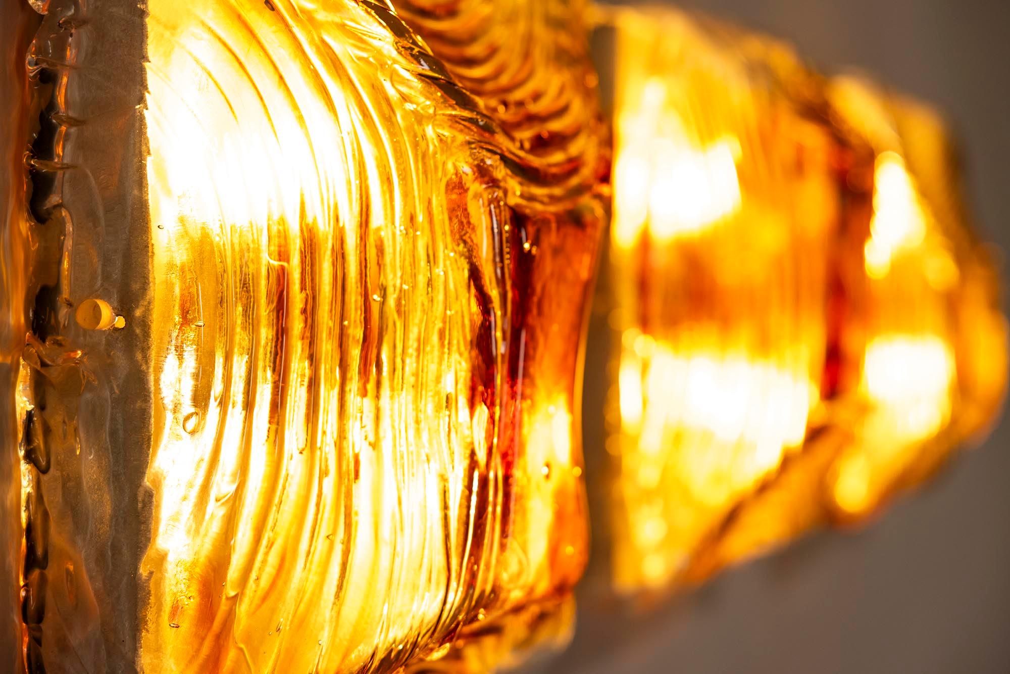 Three Square Amber Murano Glass Wall Sconces, Italy 1970s 2