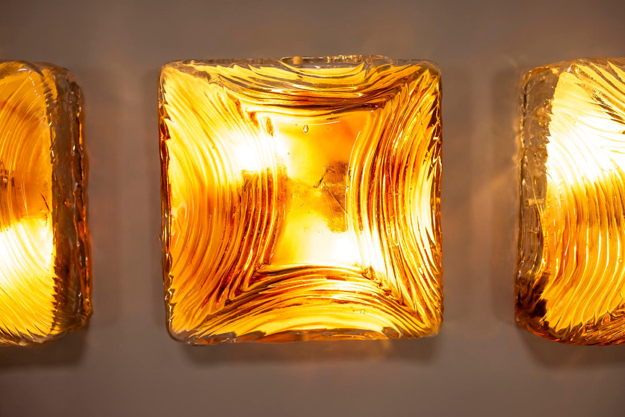 Three Square Amber Murano Glass Wall Sconces, Italy 1970s 3